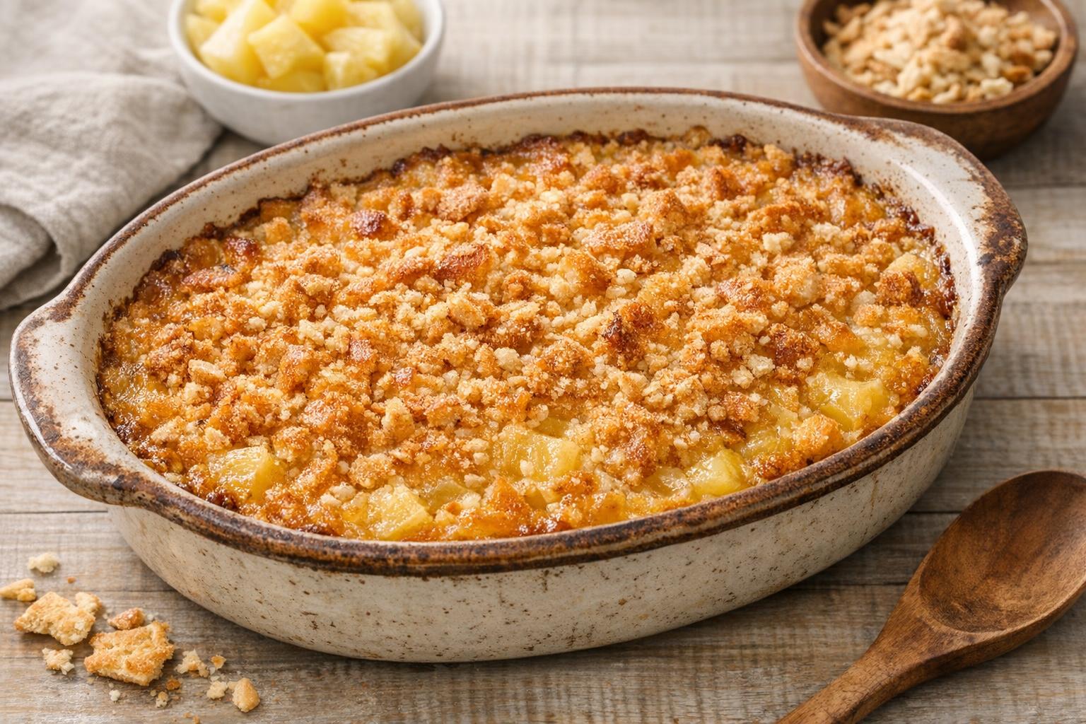 Cazuela de piña (Pineapple Casserole) recién horneada con una capa superior dorada y crujiente, servida en un molde de cerámica.