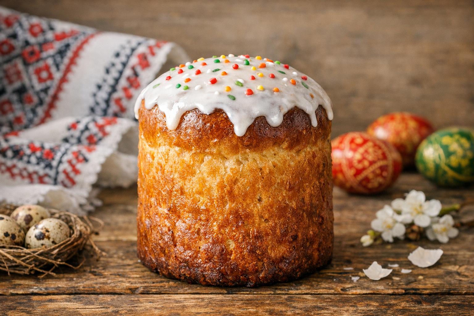 Babka ucraniana tradicional, un pan dulce de Pascua alto y esponjoso, con glaseado blanco y chispas de colores, sobre una mesa de madera.