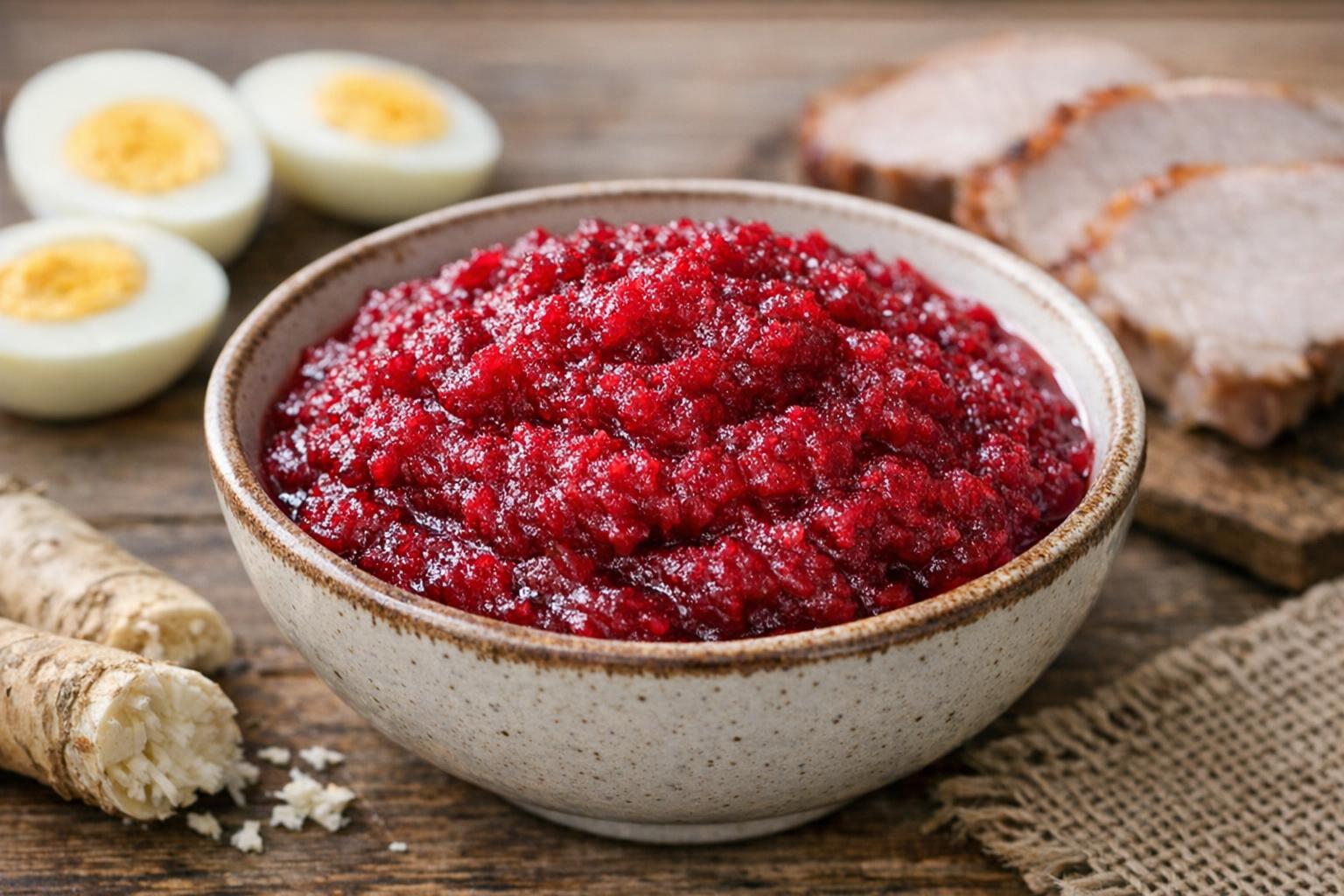 Tsvikli, salsa tradicional ucraniana de remolacha y rábano picante, servida en un cuenco para Pascua.