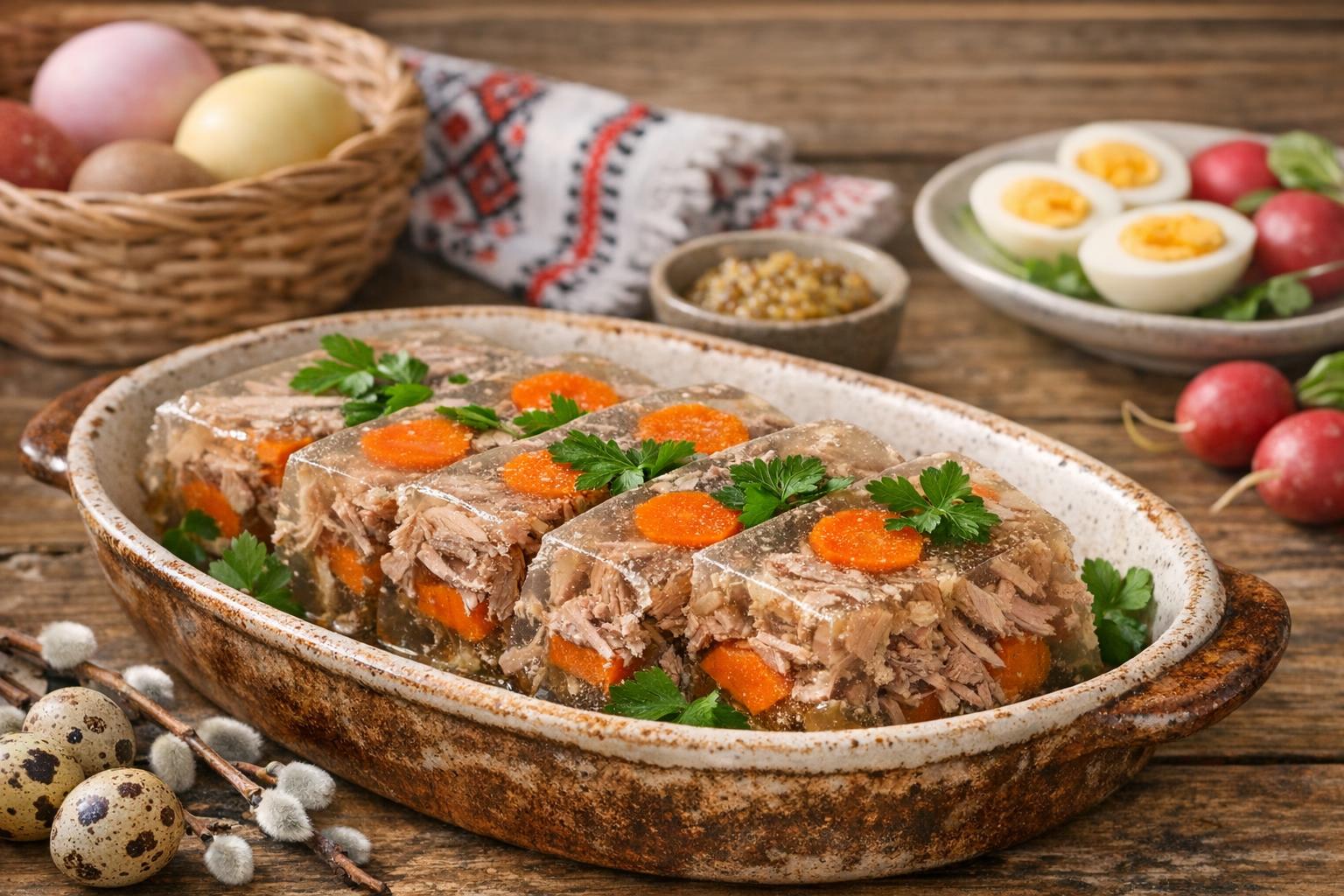 Kholodets tradicional ucraniano, un fiambre gelificado de carne de cerdo y zanahorias, decorado con perejil fresco, servido en una mesa rústica.
