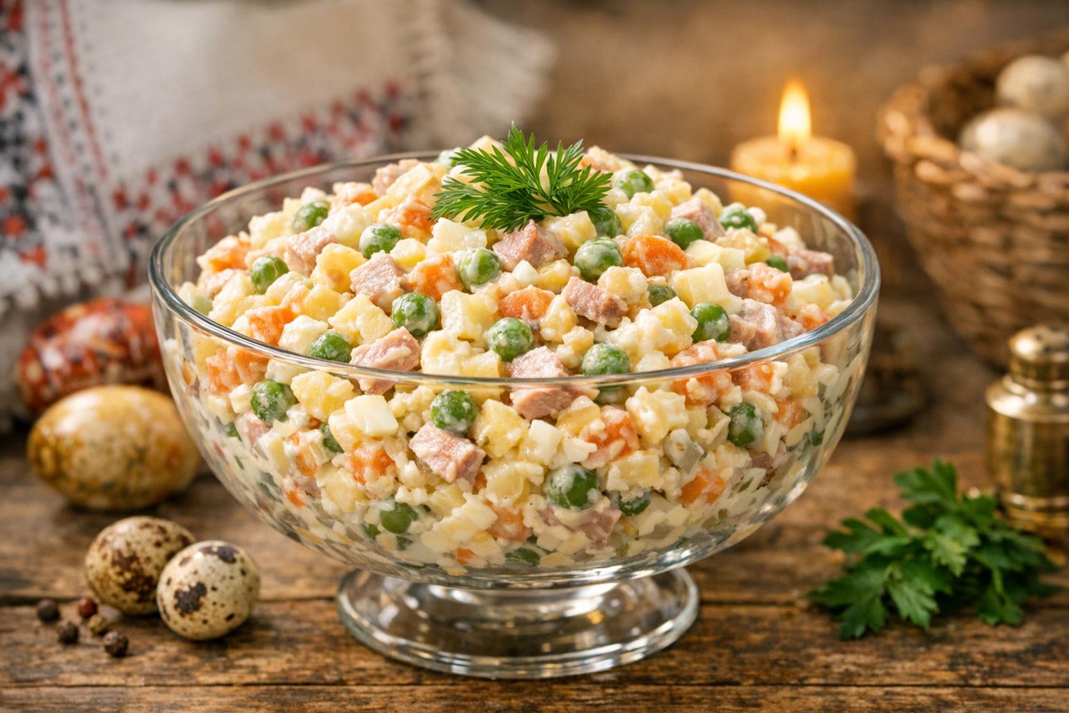 Ensalada Olivier tradicional ucraniana en un bol de cristal, con patatas, zanahorias, guisantes, huevos y carne, decorada con perejil.