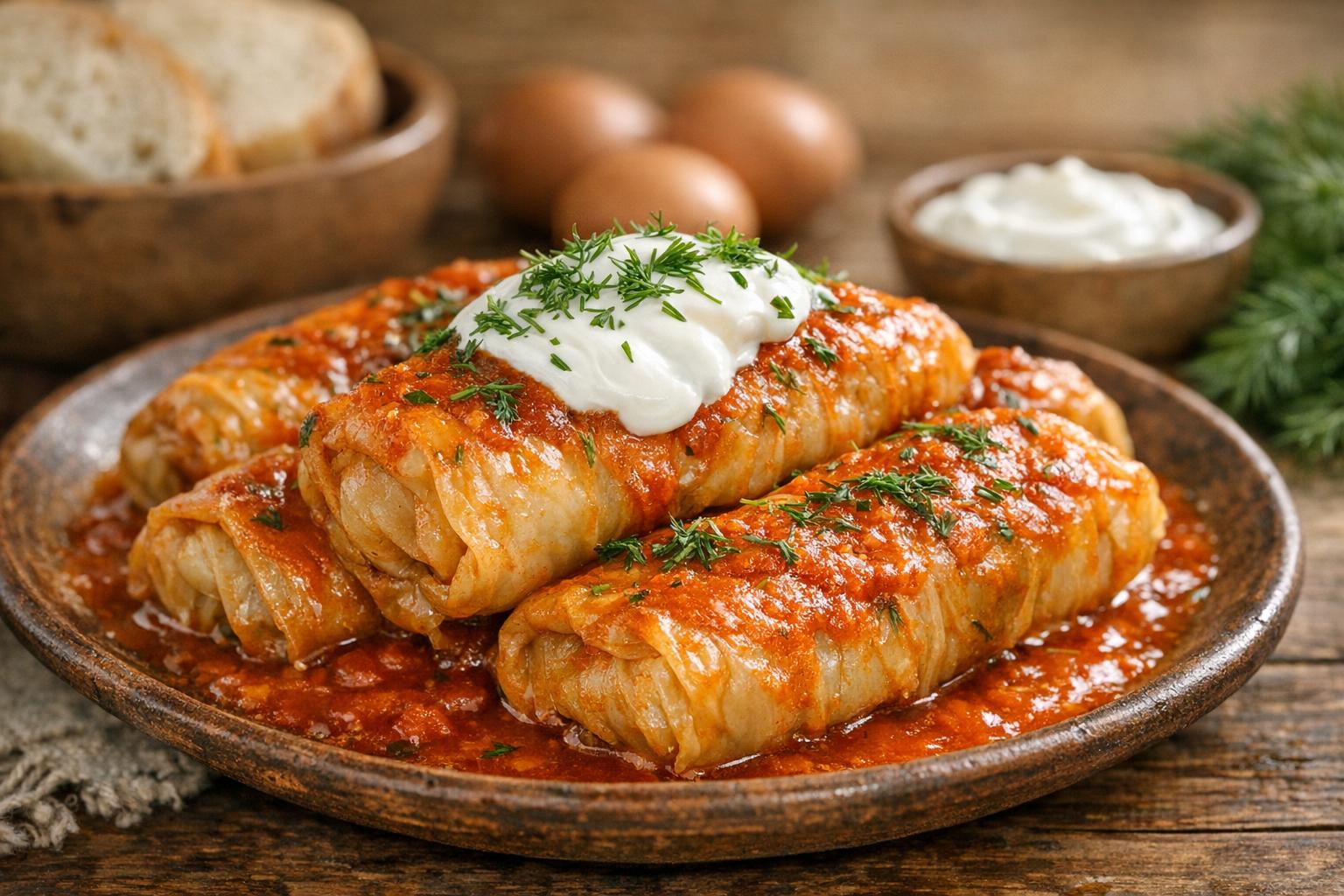 Holubtsi tradicionales ucranianos, rollos de col rellenos de carne y arroz, servidos con salsa de tomate y crema agria.
