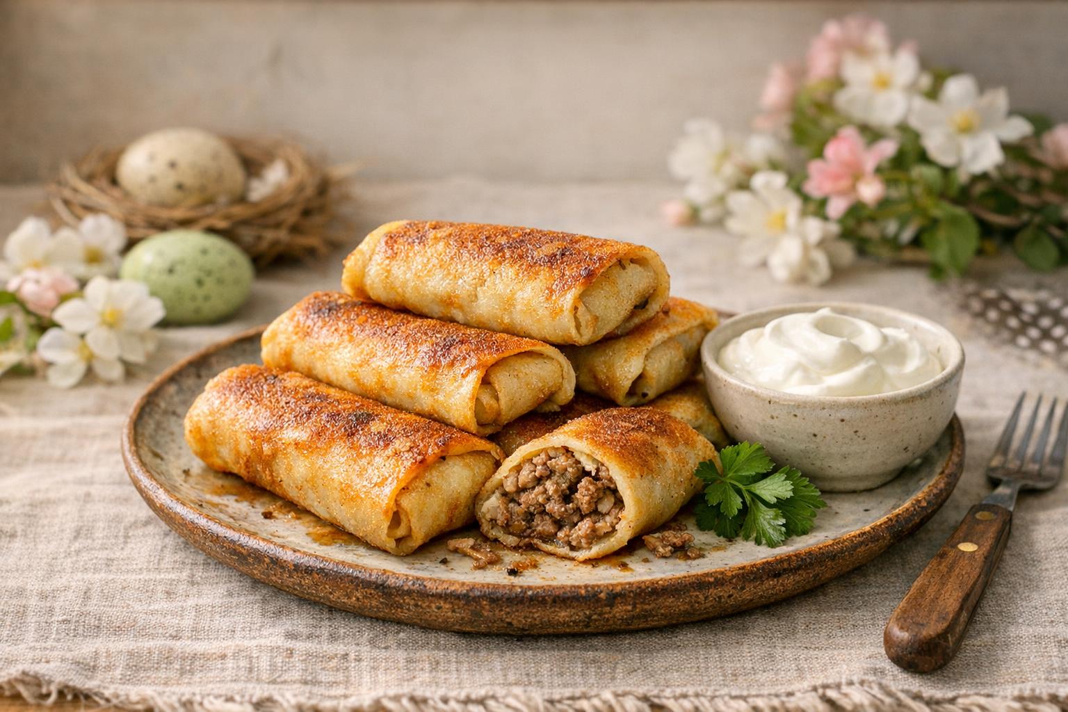 Pila de nalysnyky rellenos de carne dorados, servidos con crema agria, en un plato rústico sobre una mesa de Pascua.