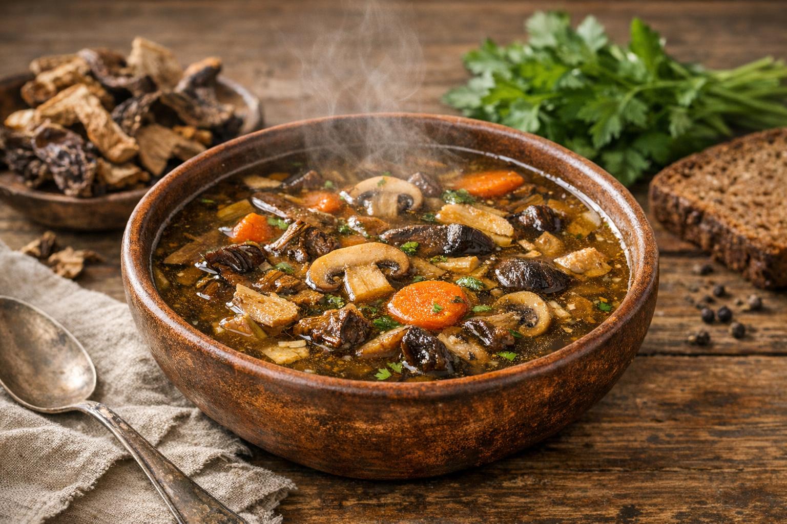 Un tazón rústico de Hrybna yushka, sopa tradicional ucraniana de setas, servido caliente y decorado con perejil fresco sobre una mesa de madera.