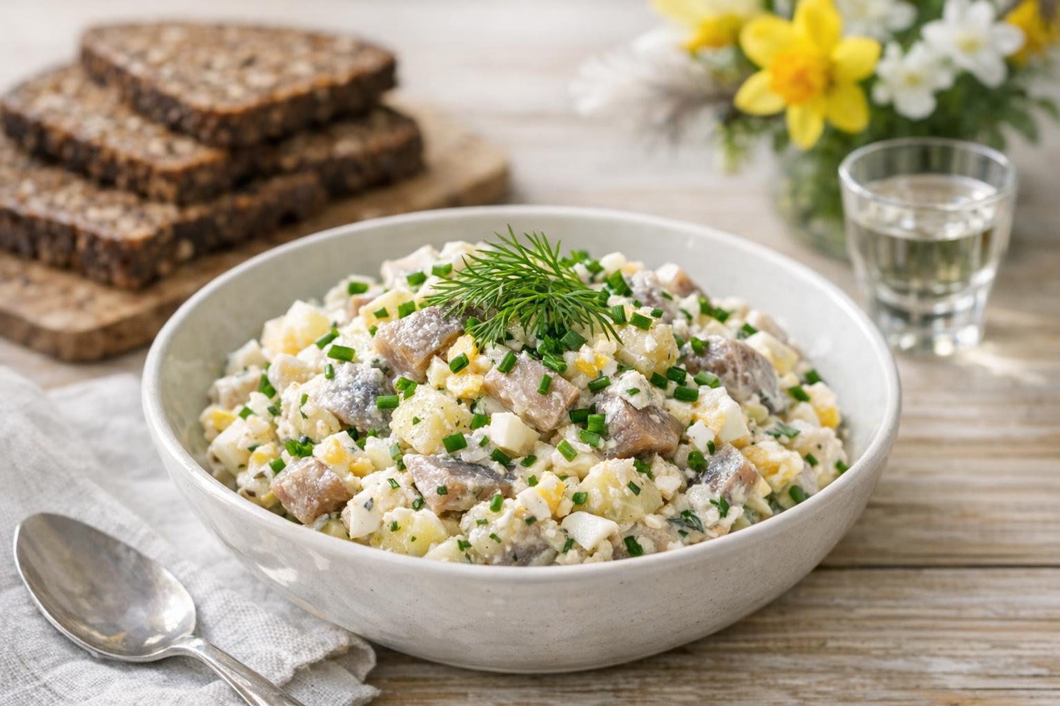 Gubbröra sueca tradicional, una ensalada cremosa de arenque, patata y huevo, decorada con eneldo fresco, servida sobre pan de centeno oscuro en una mesa de madera.