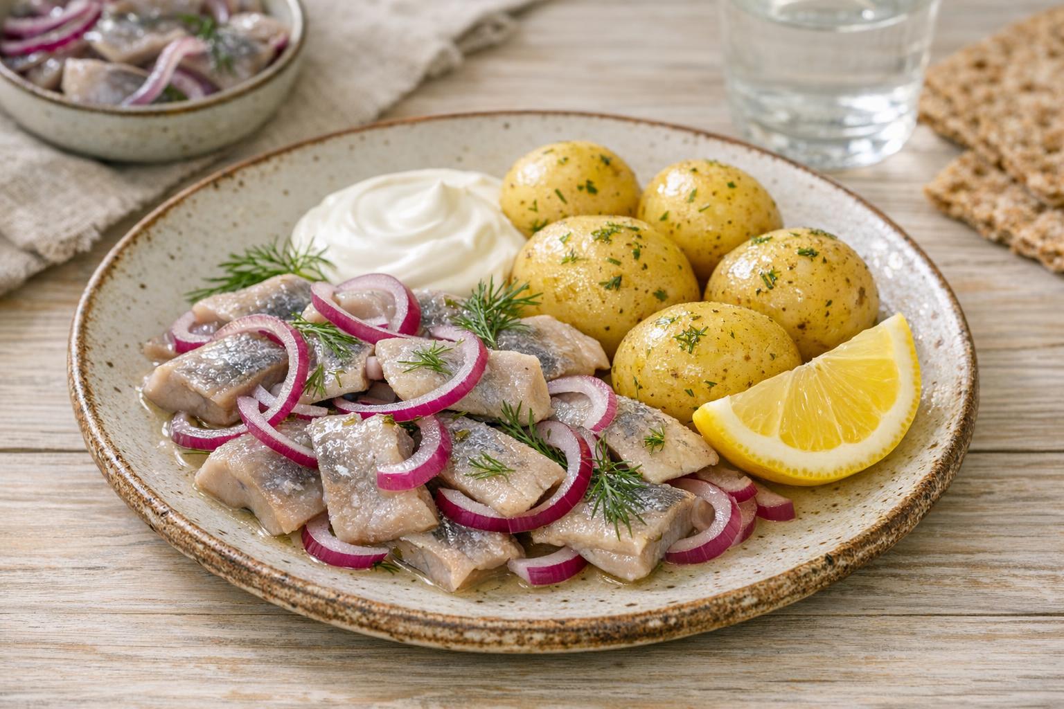 Plato de Inlagd sill, arenque encurtido sueco, servido con patatas cocidas, eneldo fresco y rodajas de limón sobre una mesa de madera.