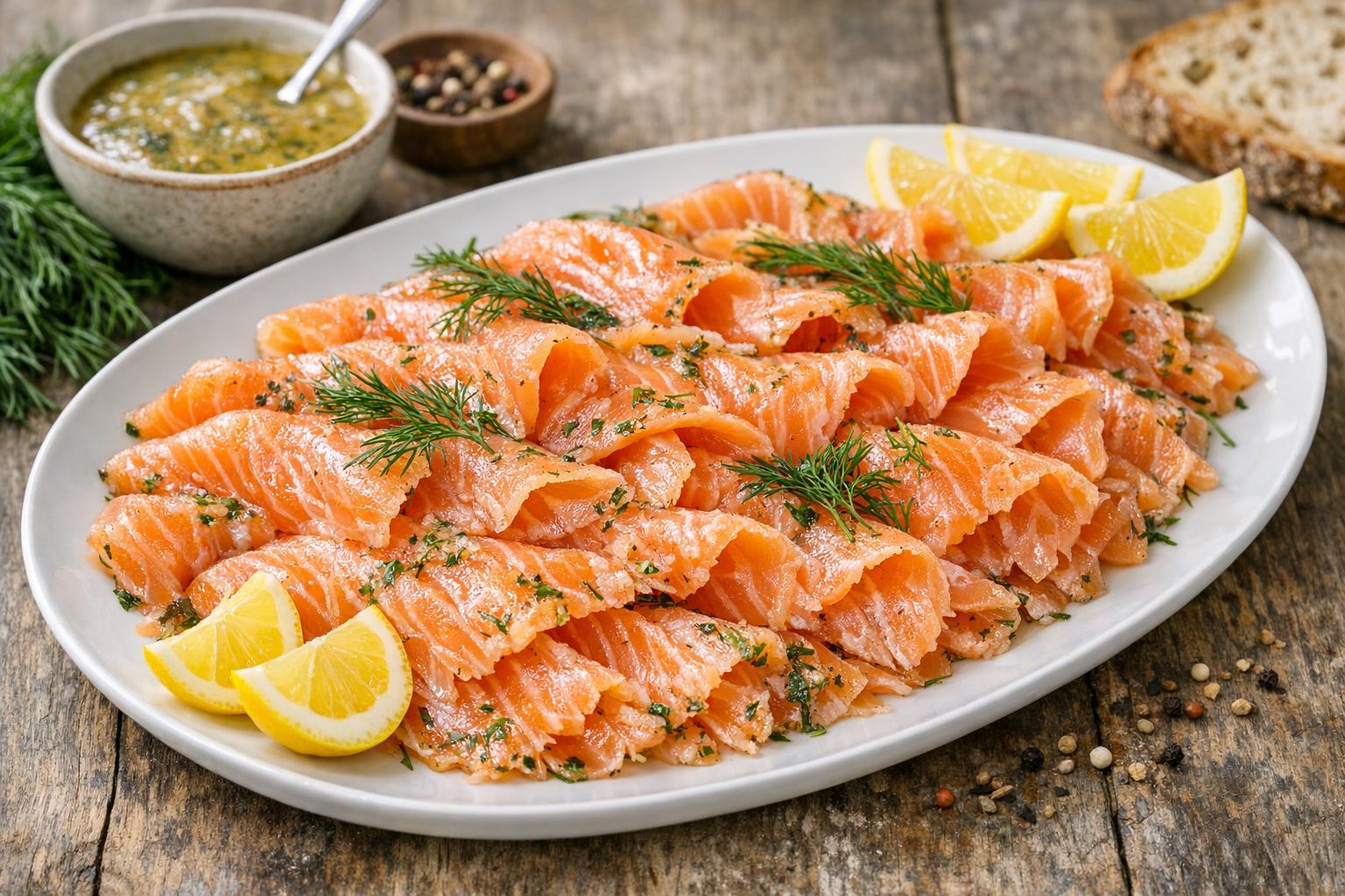 Lonchas finas de Gravad lax (salmón curado) con eneldo y limón, servido con salsa de mostaza.