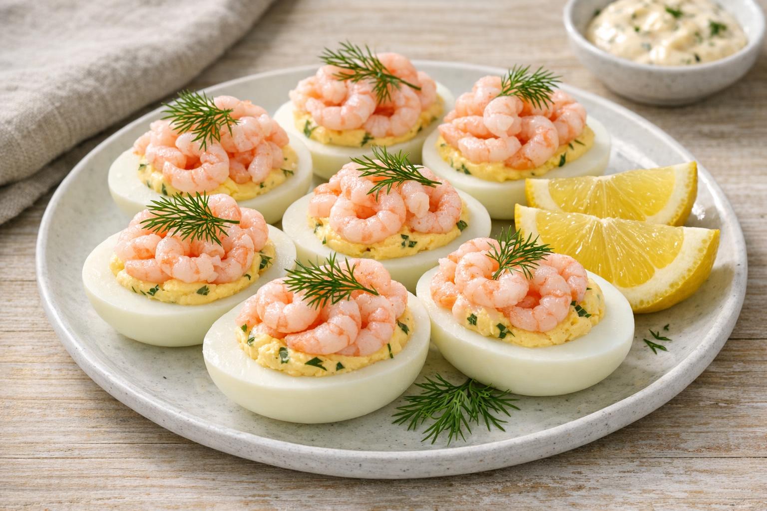 Ägghalvor med räkor, huevos rellenos suecos con camarones y eneldo fresco, servidos en un plato blanco.