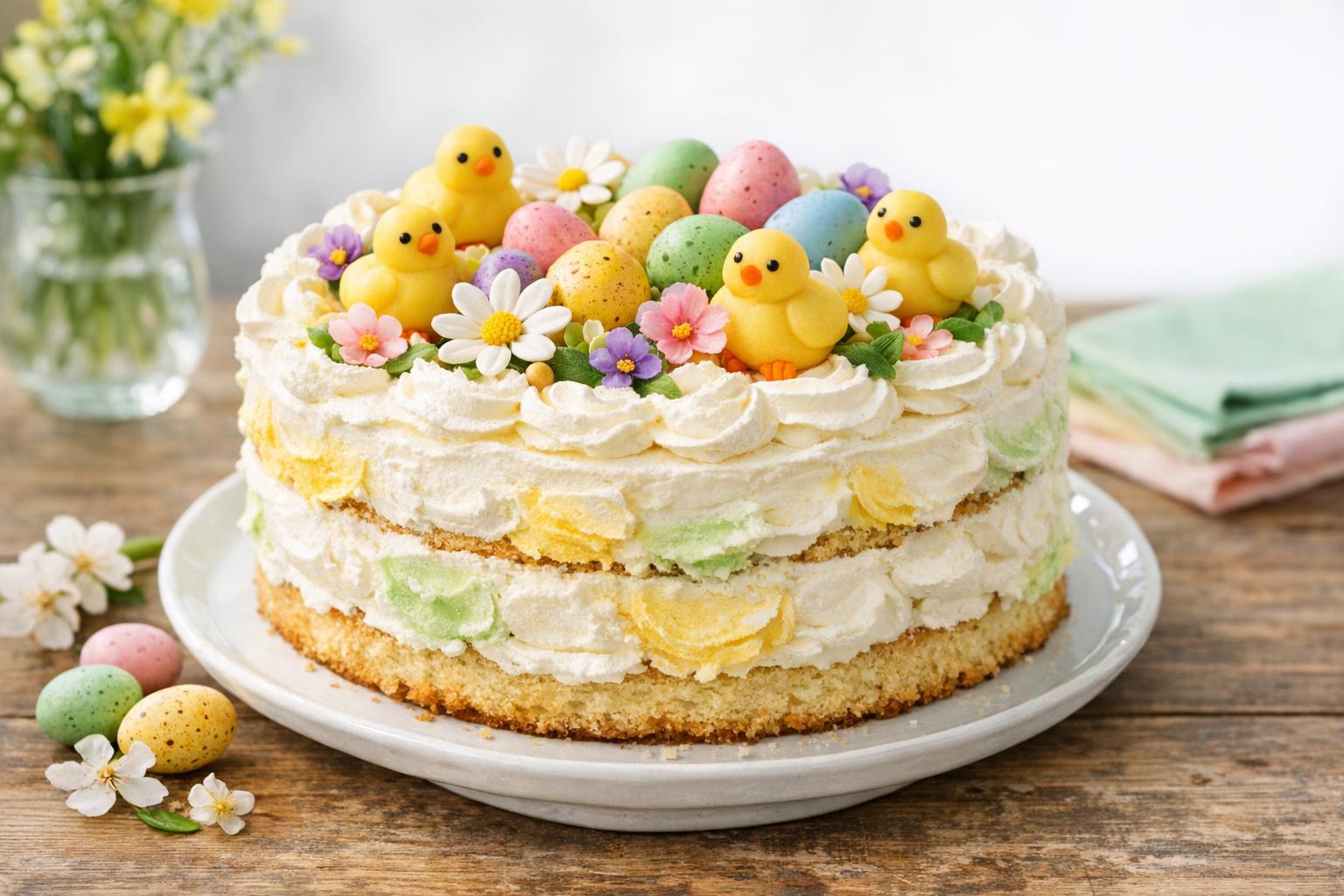 Påsktårta tradicional sueca, una tarta de Pascua colorida con bizcocho, crema y decoraciones de mazapán.