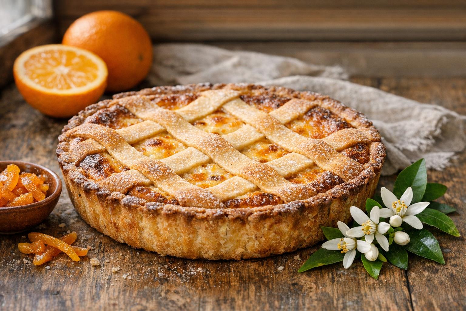 Pastiera napolitana tradicional, una tarta de Pascua italiana con masa quebrada, relleno cremoso de ricotta y trigo, y un enrejado dorado.