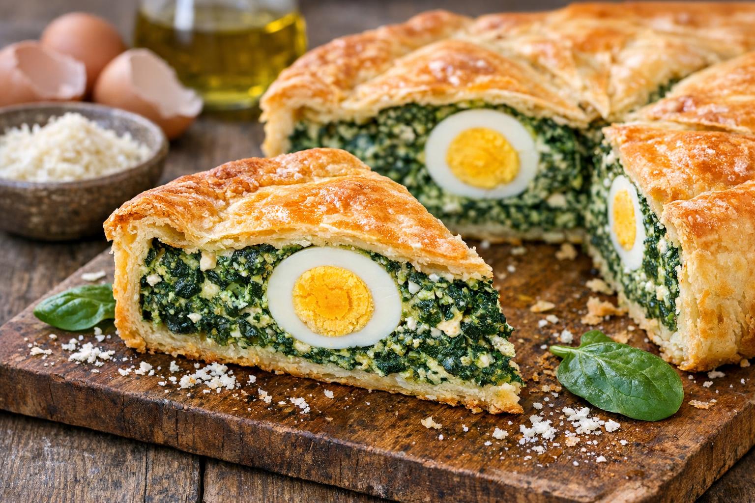 Torta Pasqualina recién horneada, con un corte que muestra el relleno de espinacas, ricotta y huevos enteros, sobre una tabla de madera.