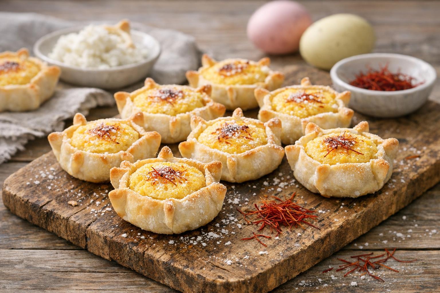 Pardulas dulces tradicionales de Cerdeña, pastelitos de Pascua con relleno de ricotta y azafrán, sobre una superficie rústica.