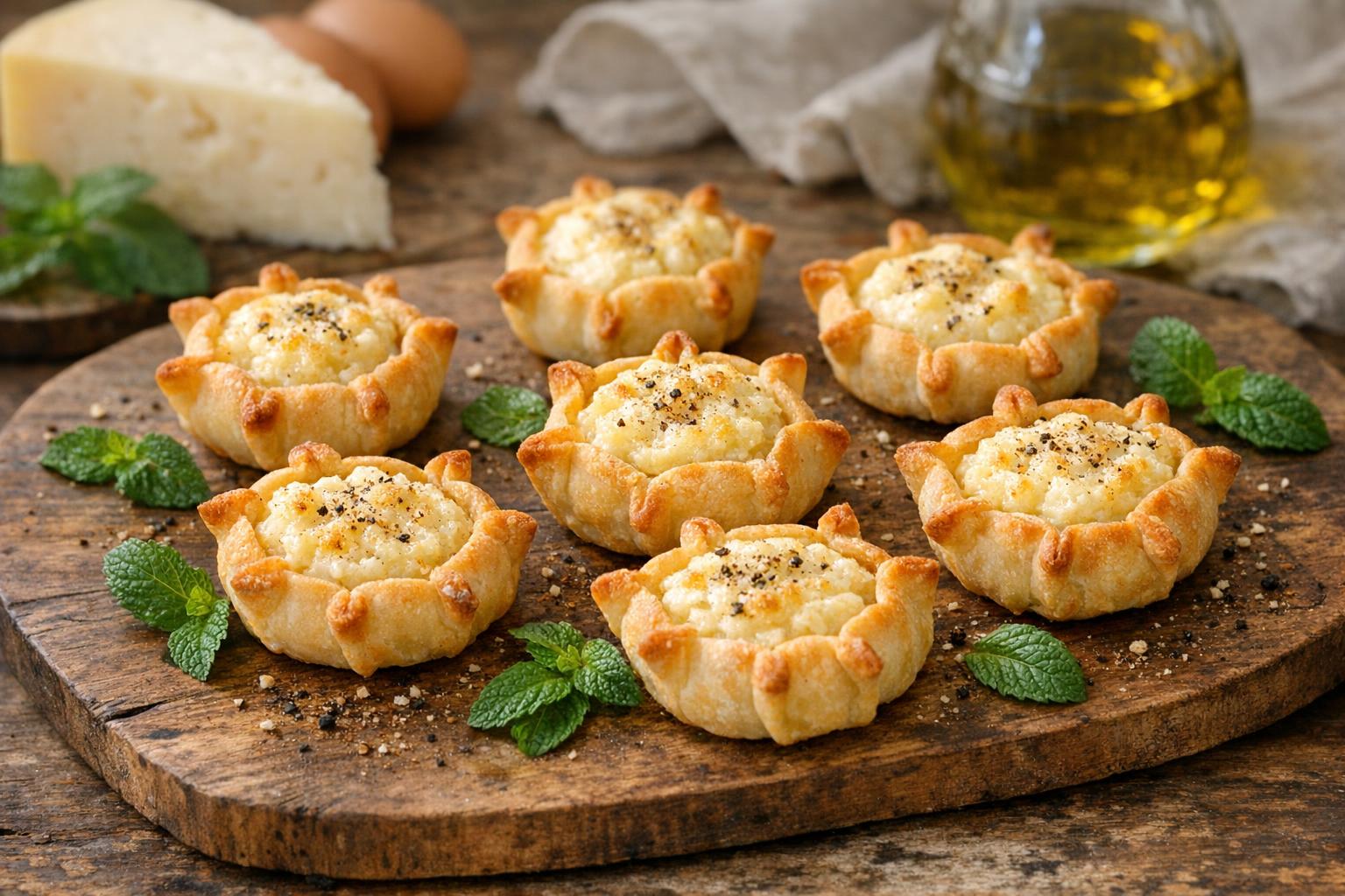 Pardulas saladas tradicionales de Pascua italiana, con masa dorada y relleno de queso, presentadas sobre una tabla de madera.