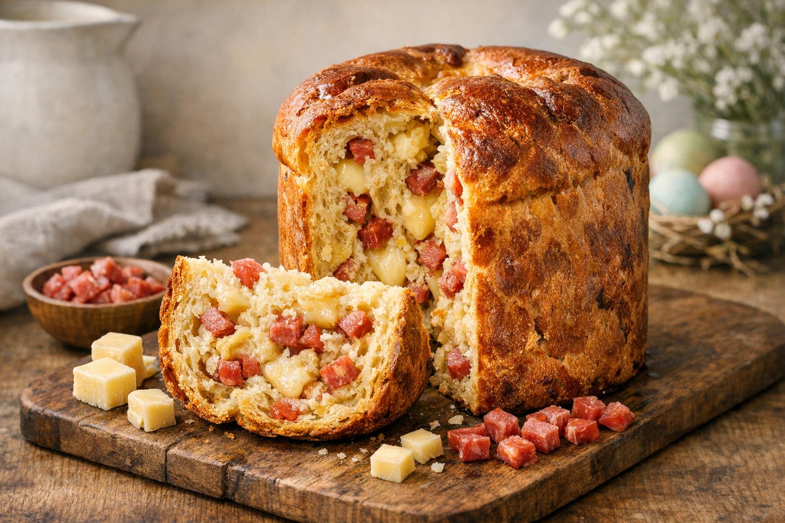 Pizza di Pasqua salada tradicional italiana, un pan salado alto y cilíndrico con queso y embutidos, recién horneado y cortado en rebanadas sobre una tabla de madera.