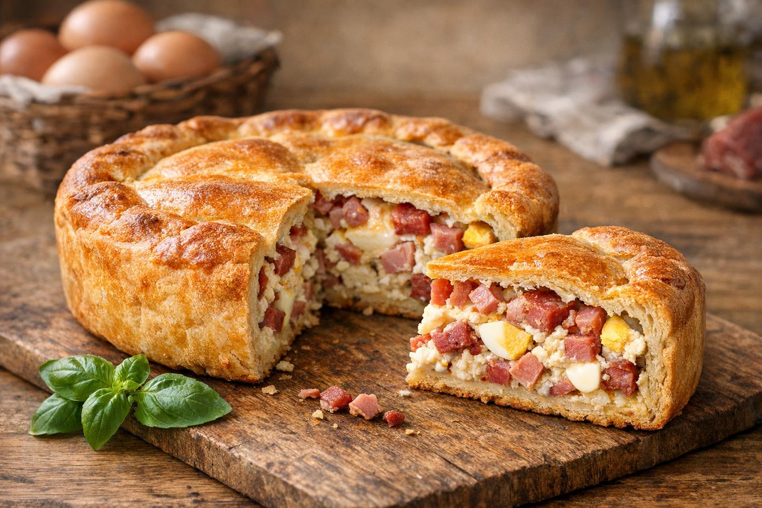 Pizza chiena recién horneada, un pastel salado tradicional italiano de Pascua, con una porción cortada que muestra su relleno de ricotta, embutidos y huevos.