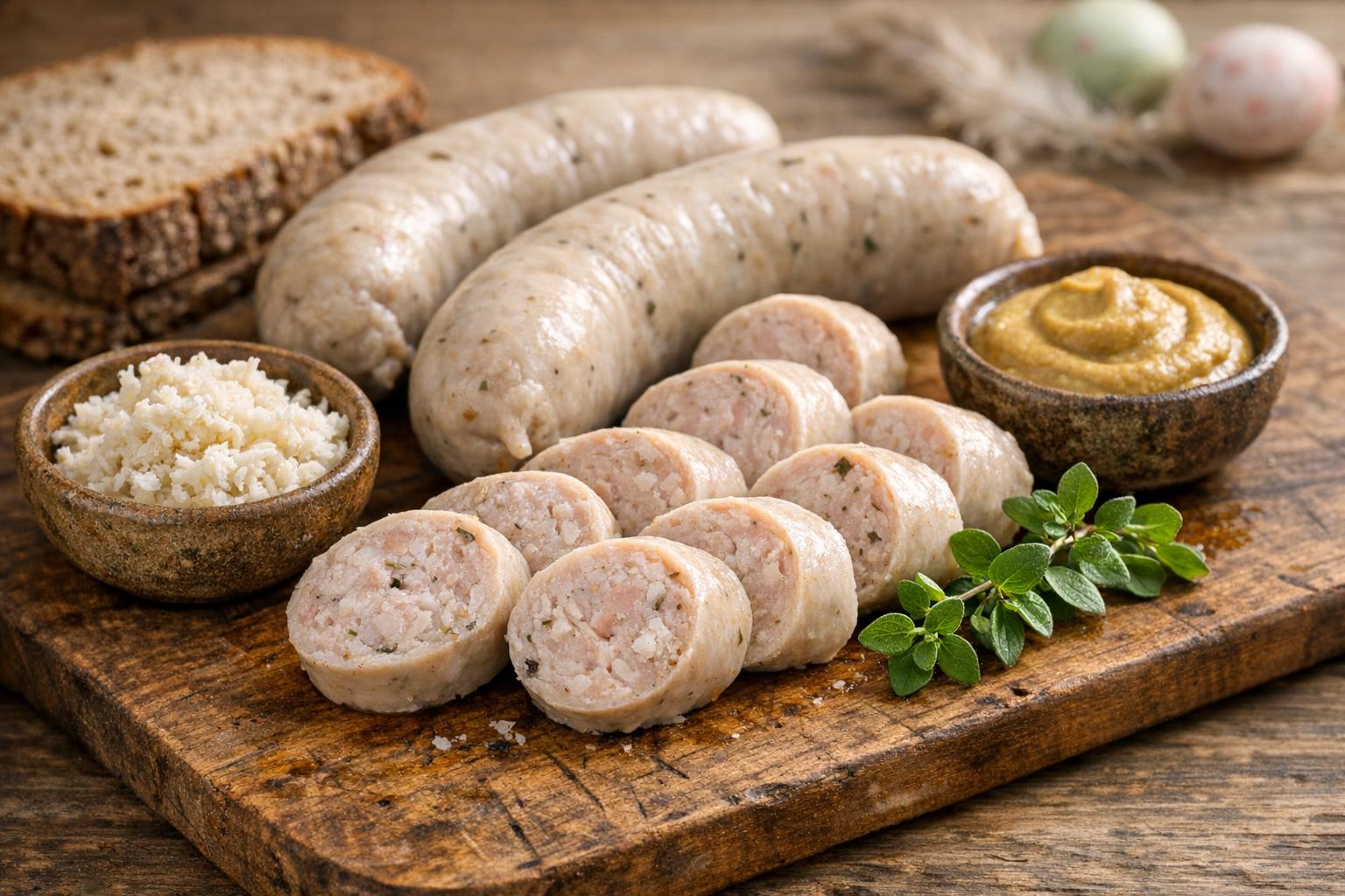 Biała kiełbasa tradicional polaca, salchicha blanca de Pascua, servida con rábano picante y mostaza en una tabla de madera.