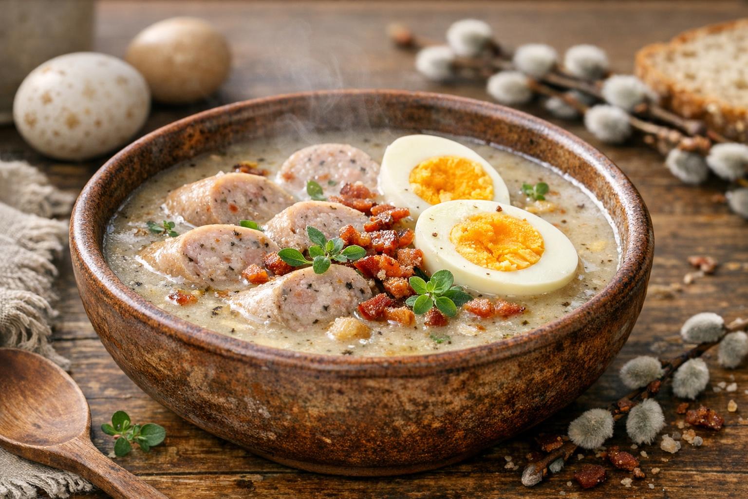 Un tazón de Żurek de Pascua tradicional polaco con salchicha blanca, huevo duro y hierbas frescas, servido en una mesa rústica.