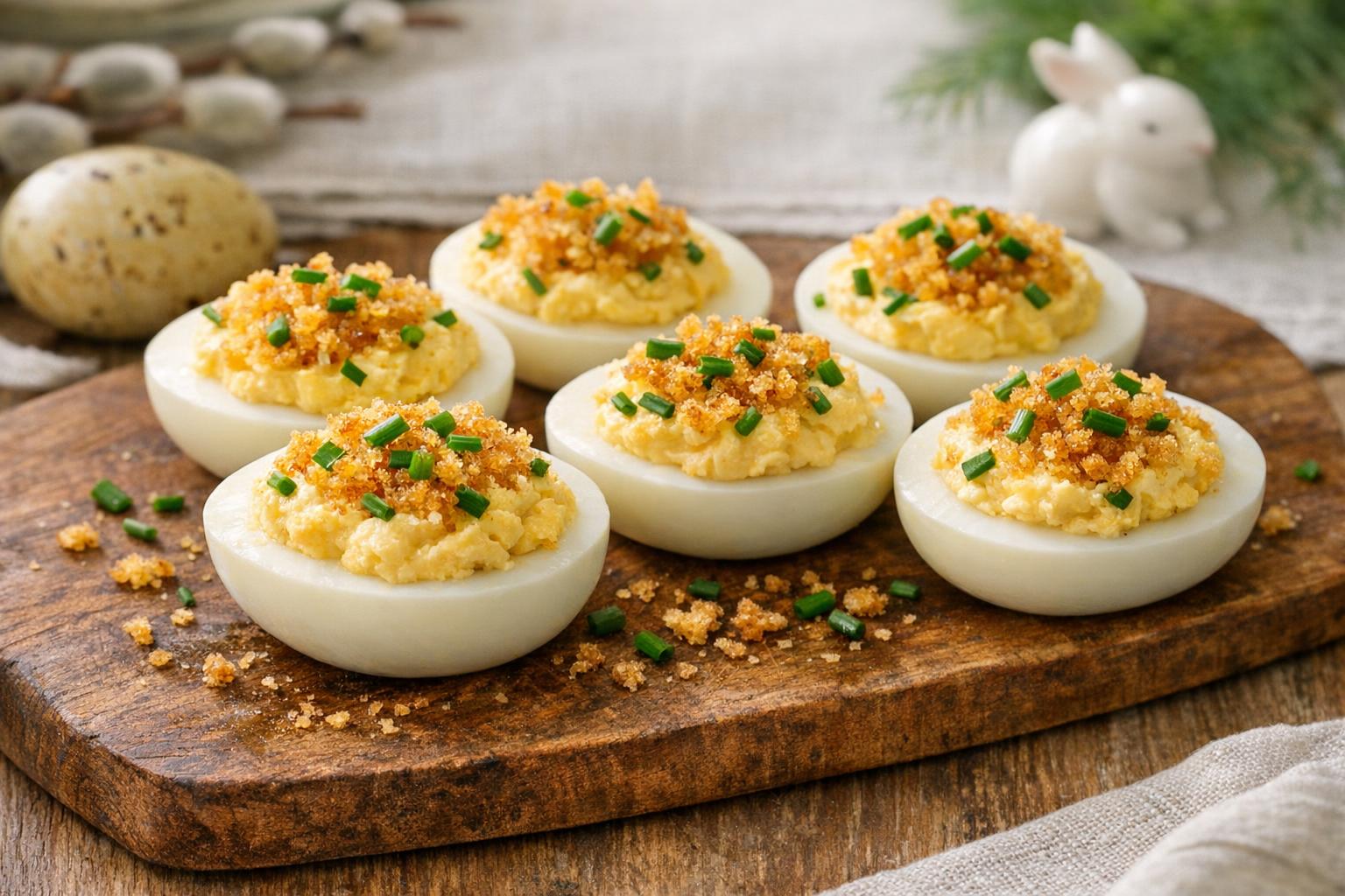 Jajka faszerowane, huevos rellenos tradicionales de Polonia para Pascua, presentados en un plato con pan rallado crujiente y cebollino.