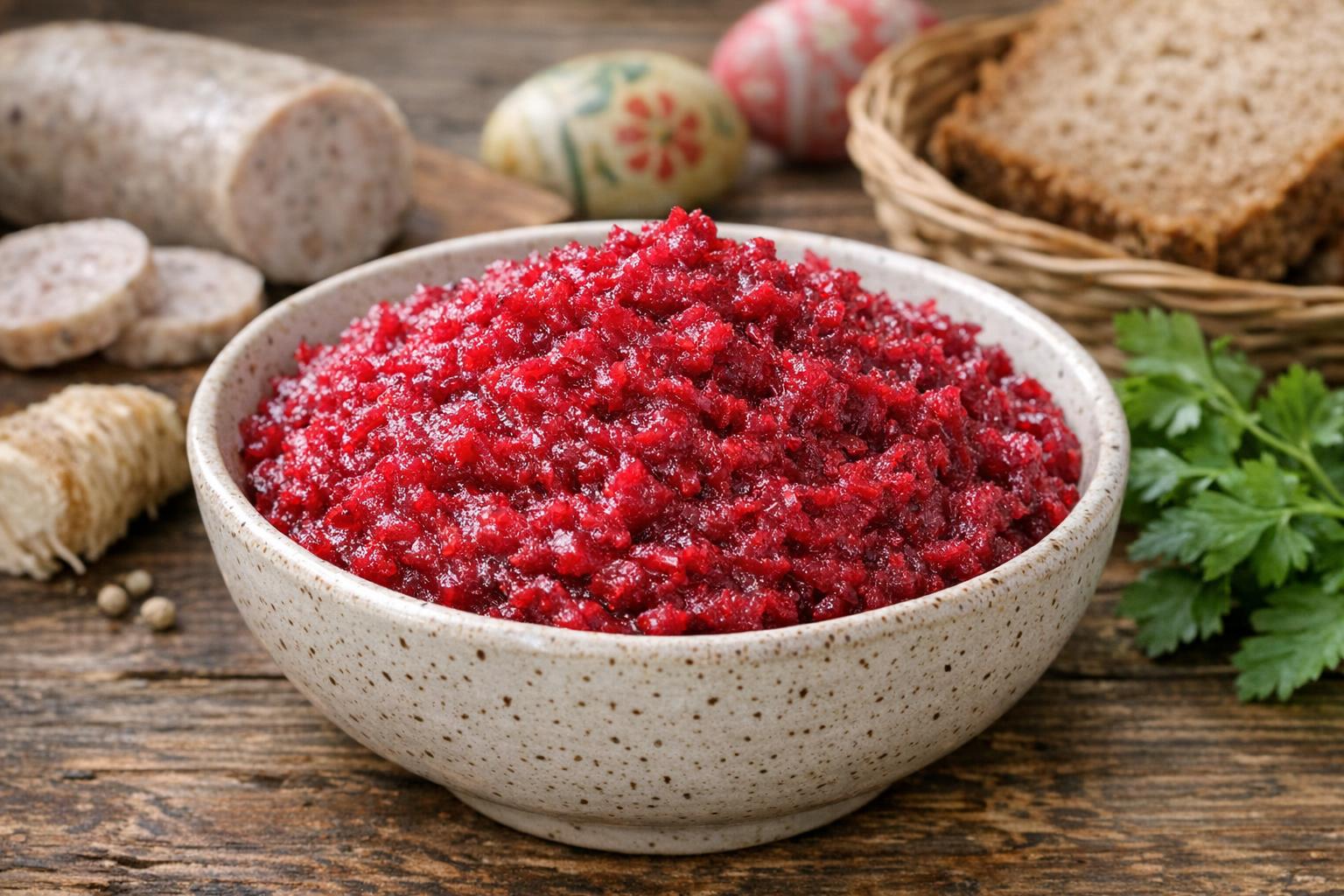 Ćwikła con Chrzan, una ensalada tradicional polaca de remolacha y rábano picante, servida en un cuenco para el desayuno de Pascua.