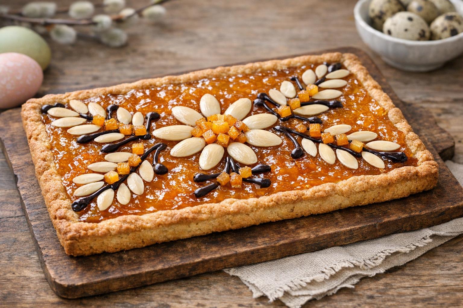 Mazurek wielkanocny tradicional polaco, un pastel de Pascua plano con base de masa quebrada, mermelada de albaricoque y decoración festiva de almendras y frutas confitadas.