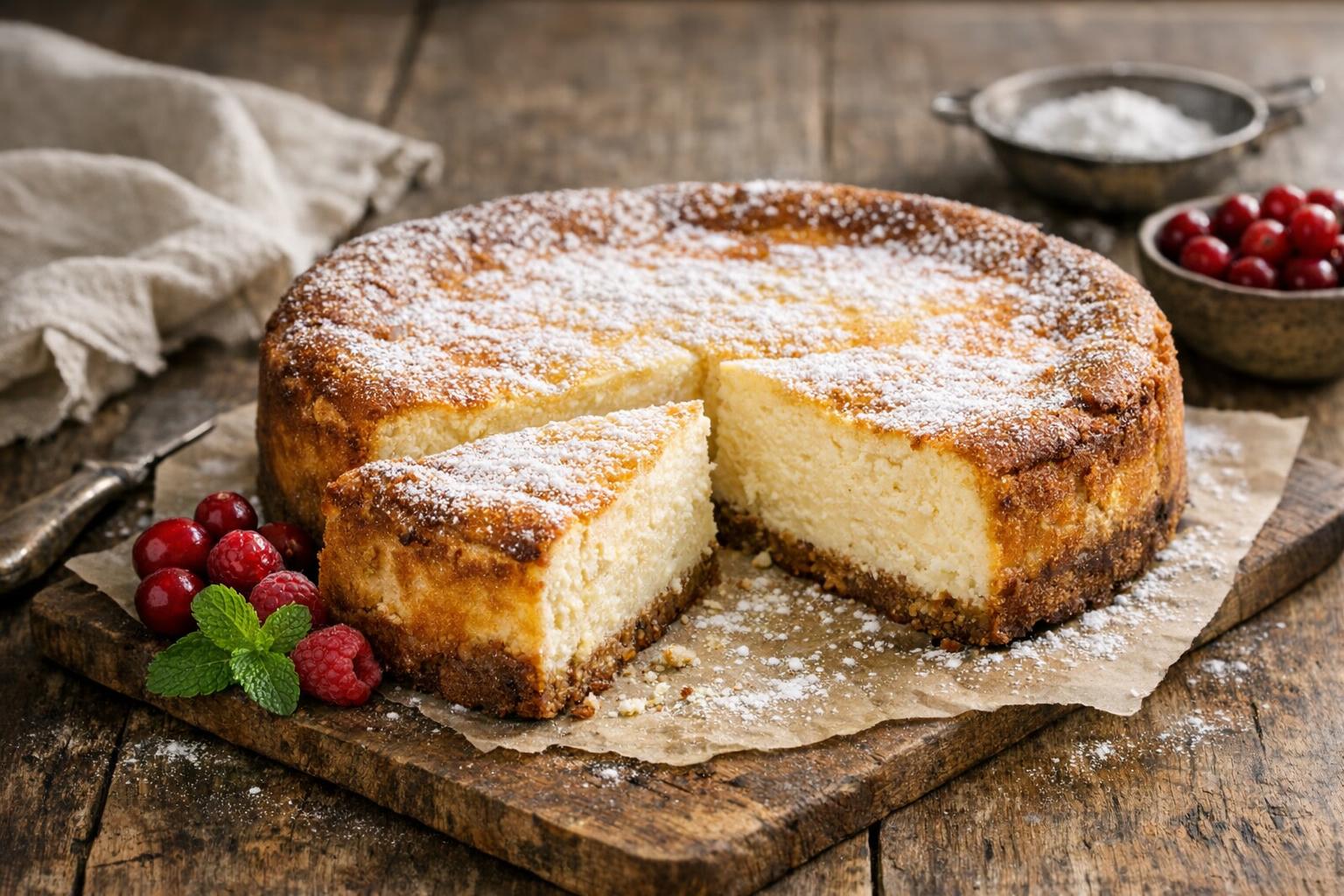 Sernik polaco tradicional, una tarta de queso cremosa y dorada, espolvoreada con azúcar glas y servida en una mesa rústica.