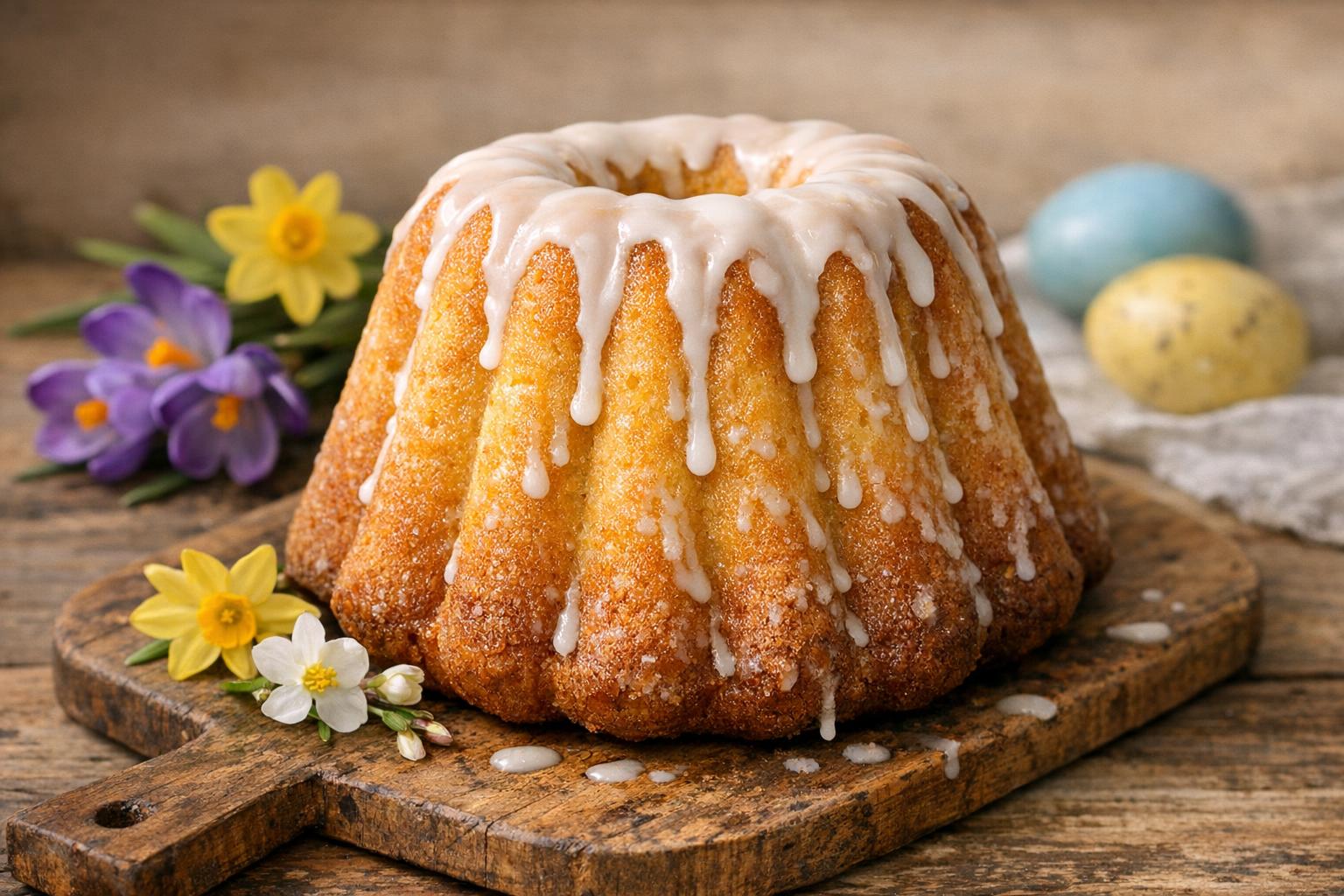 Babka wielkanocna tradicional polaca con glaseado de limón sobre una tabla de madera, rodeada de flores de Pascua.