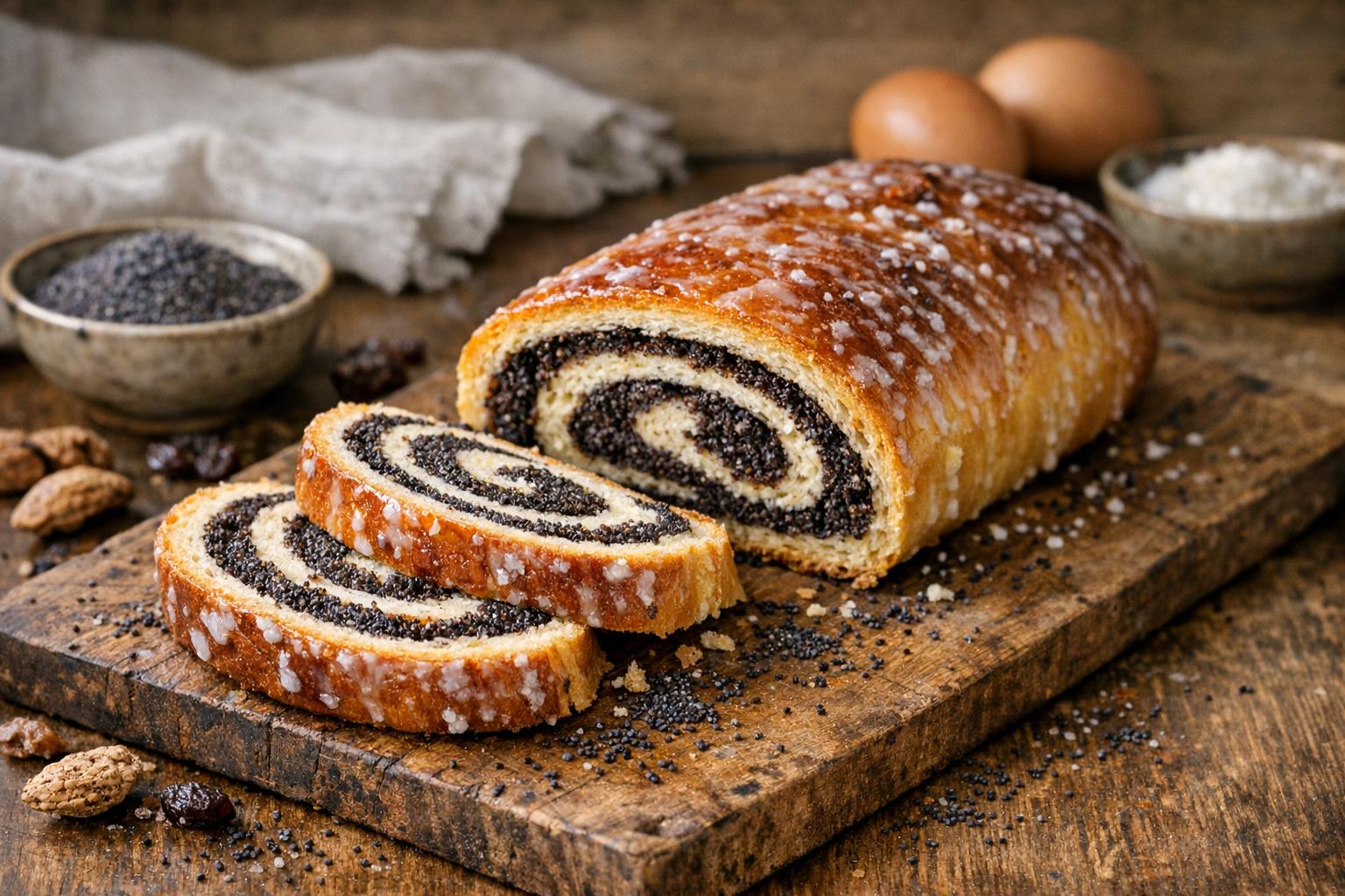 Makowiec recién horneado y rebanado, mostrando el relleno de semillas de amapola en espiral.