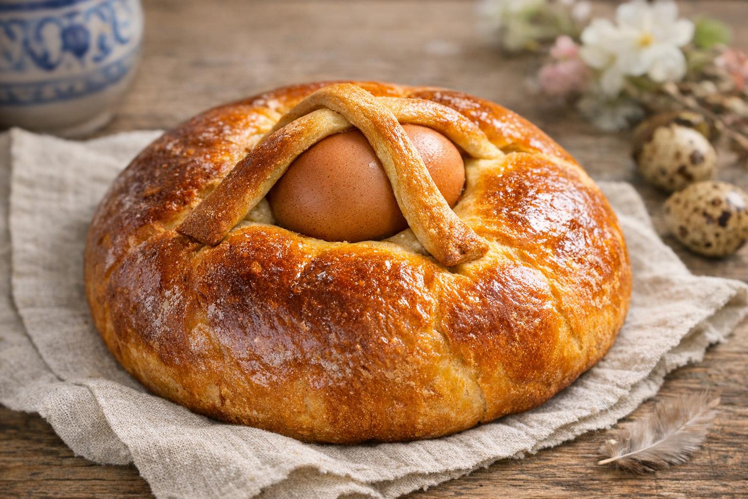 Folar da Páscoa, pan dulce tradicional portugués de Pascua, con un huevo cocido incrustado en la masa, sobre una mesa rústica.