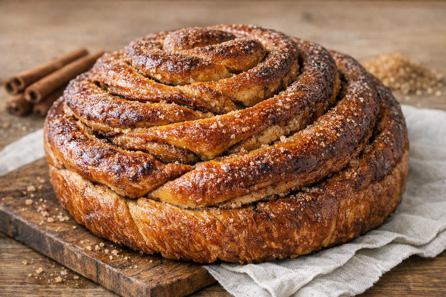 Folar de Olhão recién horneado, un pan dulce tradicional portugués de Pascua con capas de azúcar y canela en espiral.
