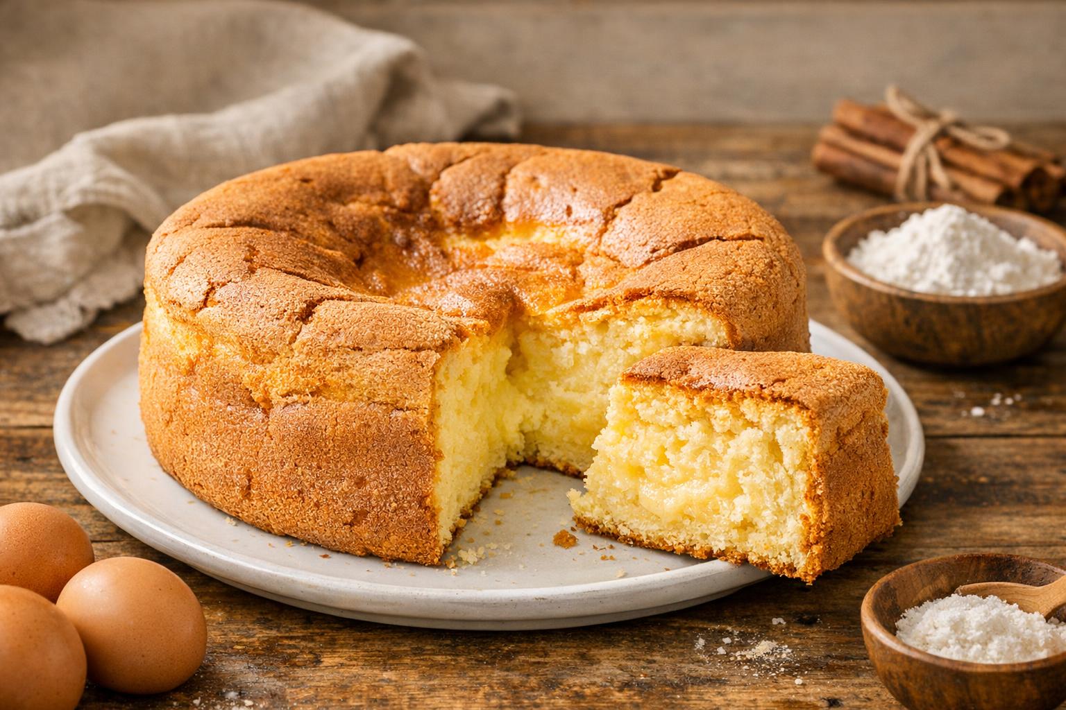 Pão de ló tradicional portugués, un bizcocho de Pascua, con su característico centro húmedo y esponjoso, servido en un plato blanco.