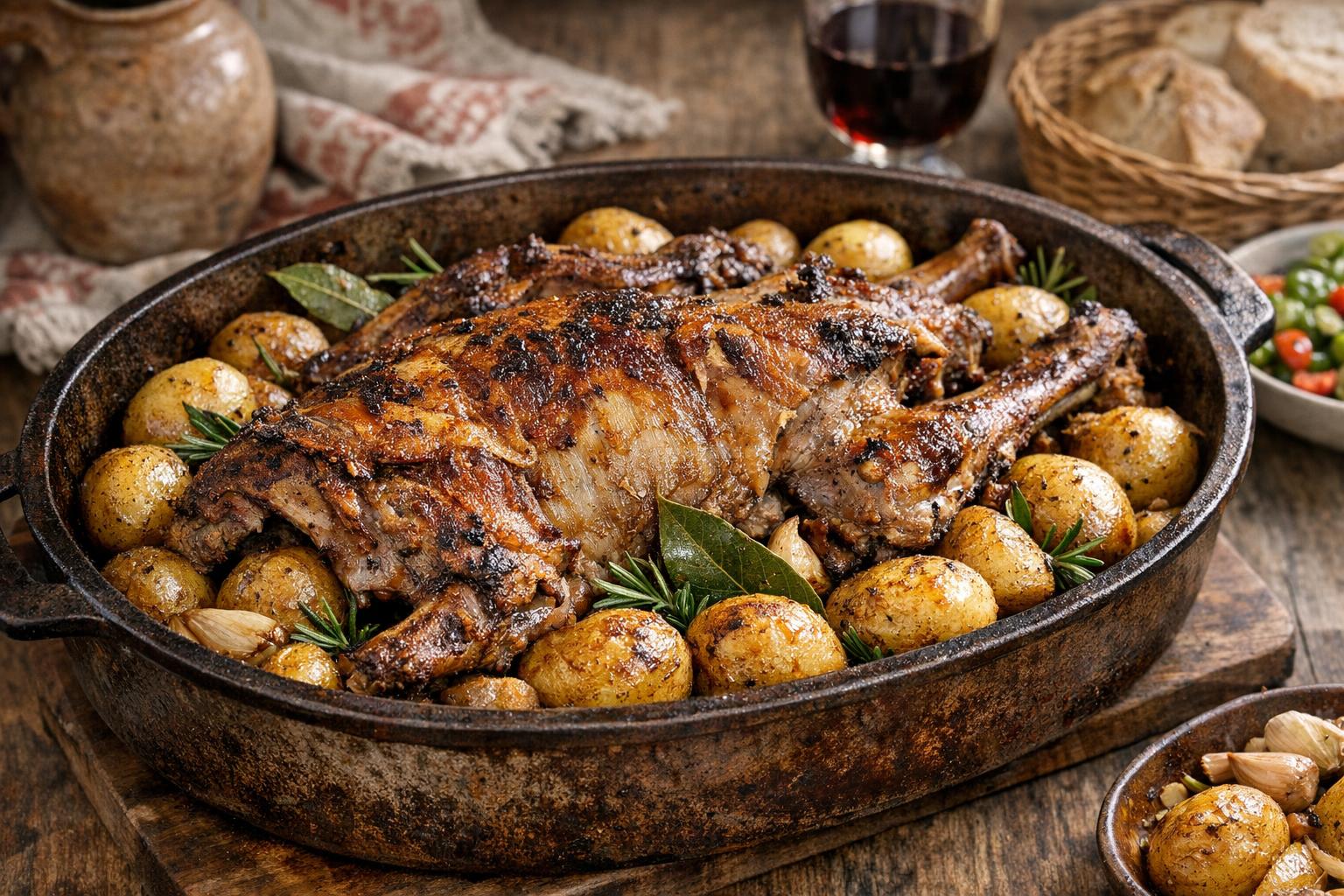Cabrito assado tradicional portugués, un cabrito asado entero y dorado en una bandeja de horno con patatas y hierbas, listo para servir en Pascua.