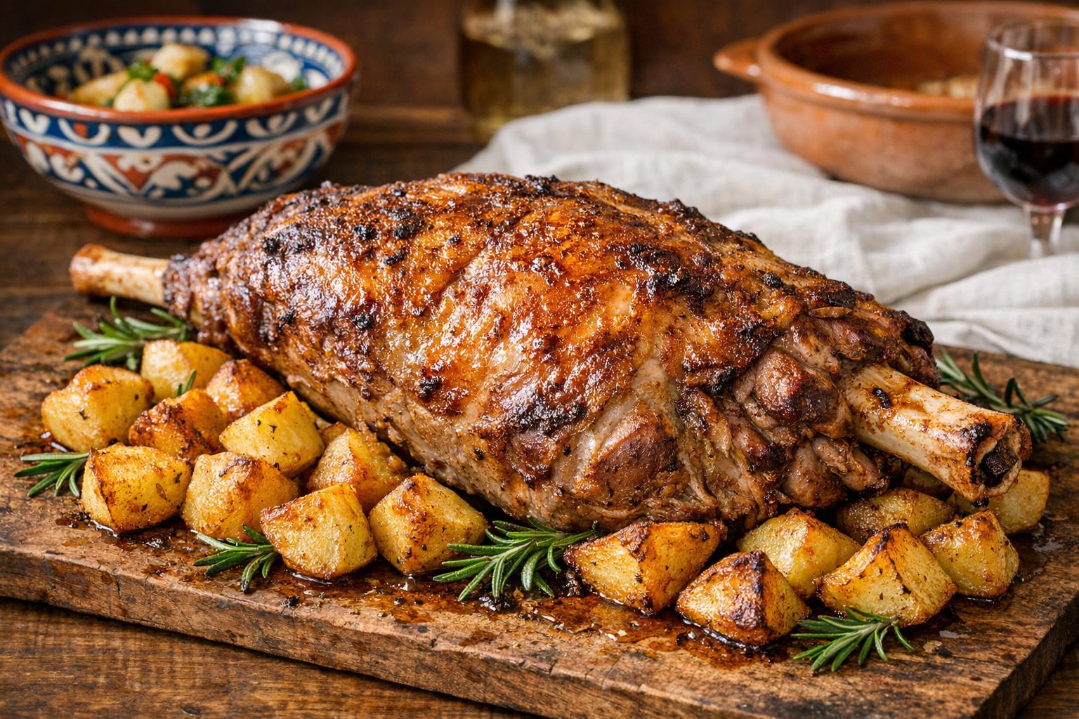 Cordeiro assado, pierna de cordero asada al estilo tradicional portugués para Pascua, servida con patatas doradas y romero fresco.