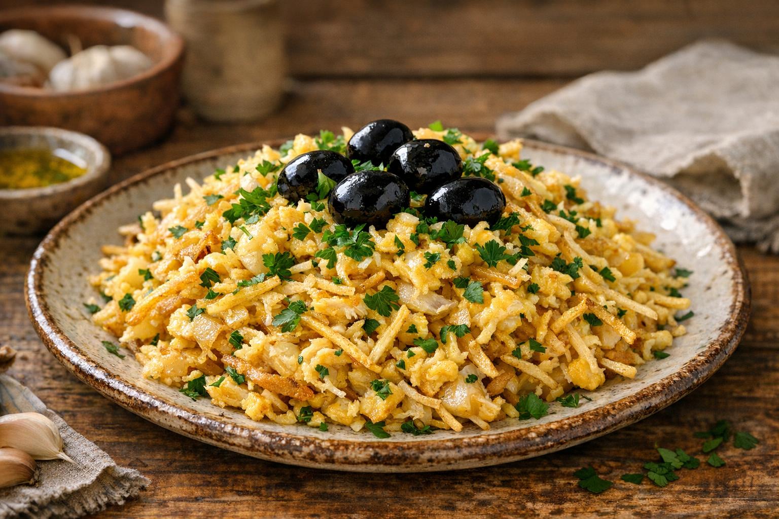 Plato de Bacalhau à Brás recién preparado, con bacalao desmigado, patatas paja, huevo revuelto, perejil fresco y aceitunas negras, servido en un plato rústico.