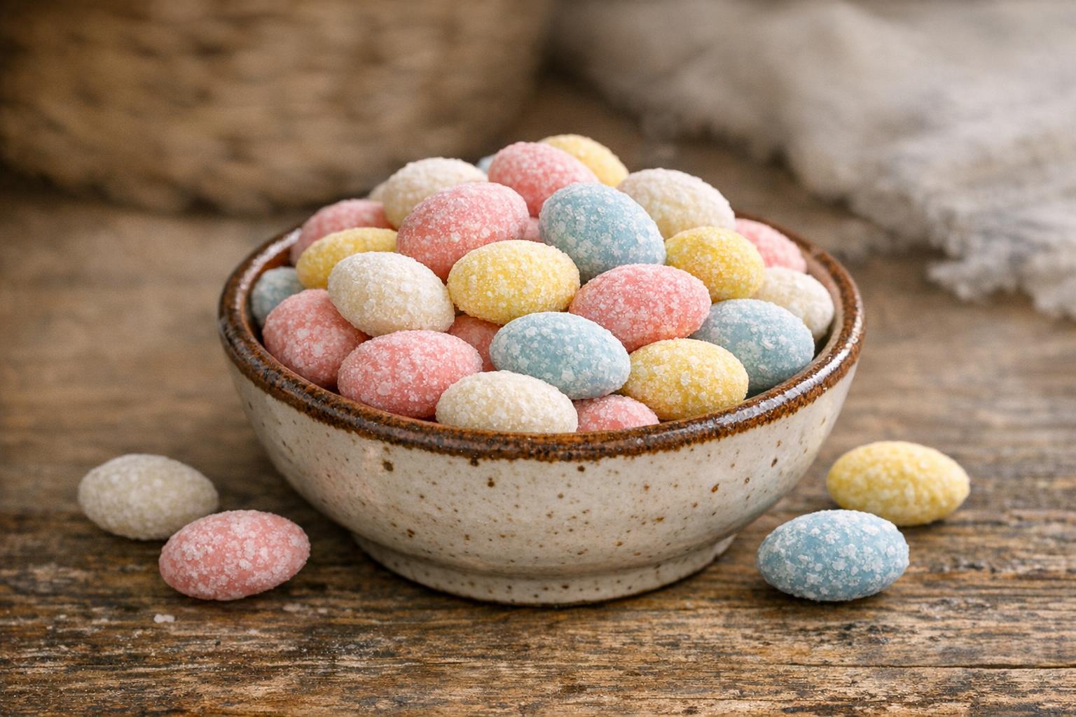 Amêndoas de Páscoa en un cuenco de cerámica sobre una mesa de madera, con almendras confitadas de colores pastel.