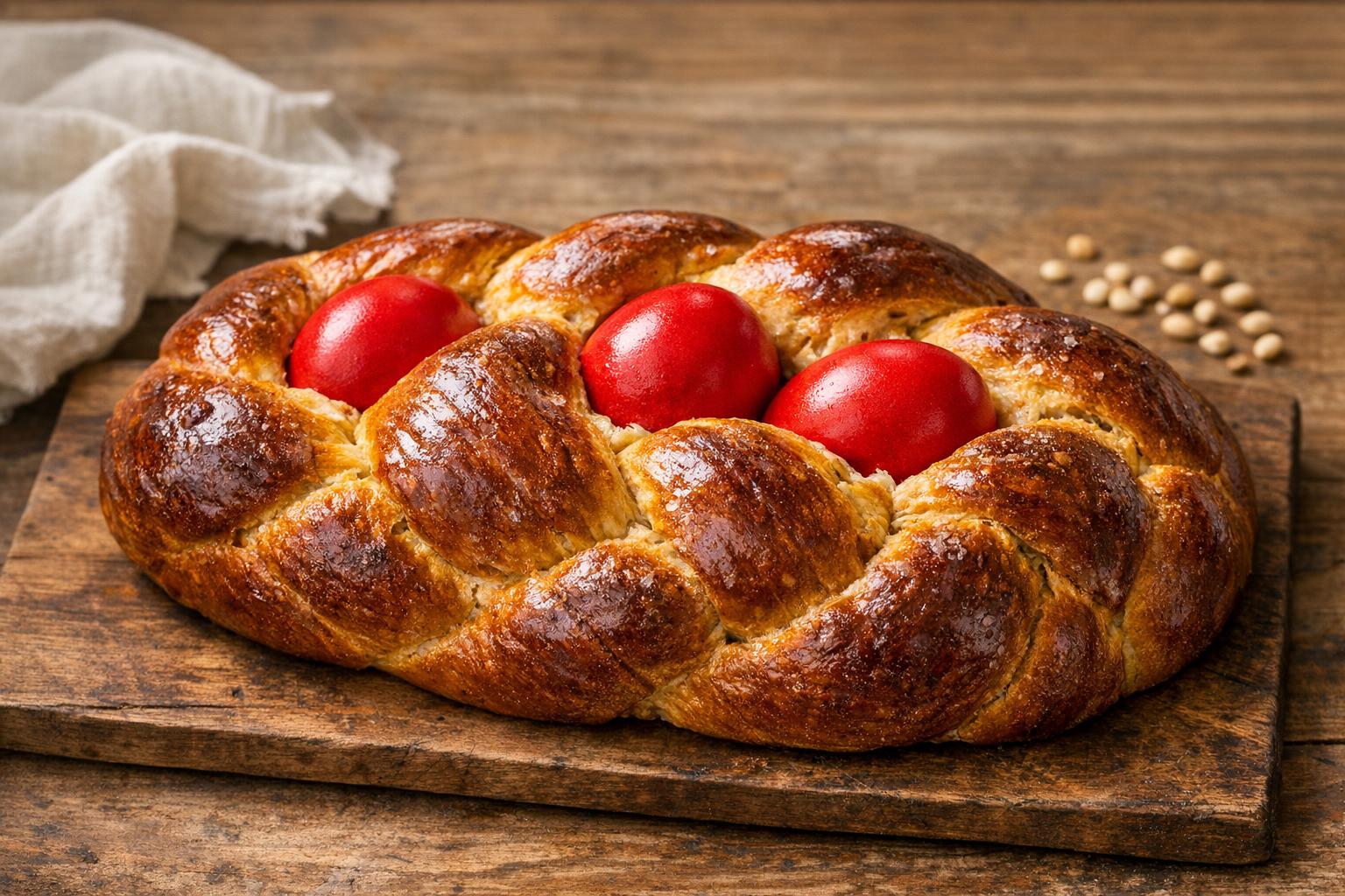 Tsoureki recién horneado, un pan dulce griego trenzado con huevos rojos de Pascua incrustados, sobre una tabla de madera.