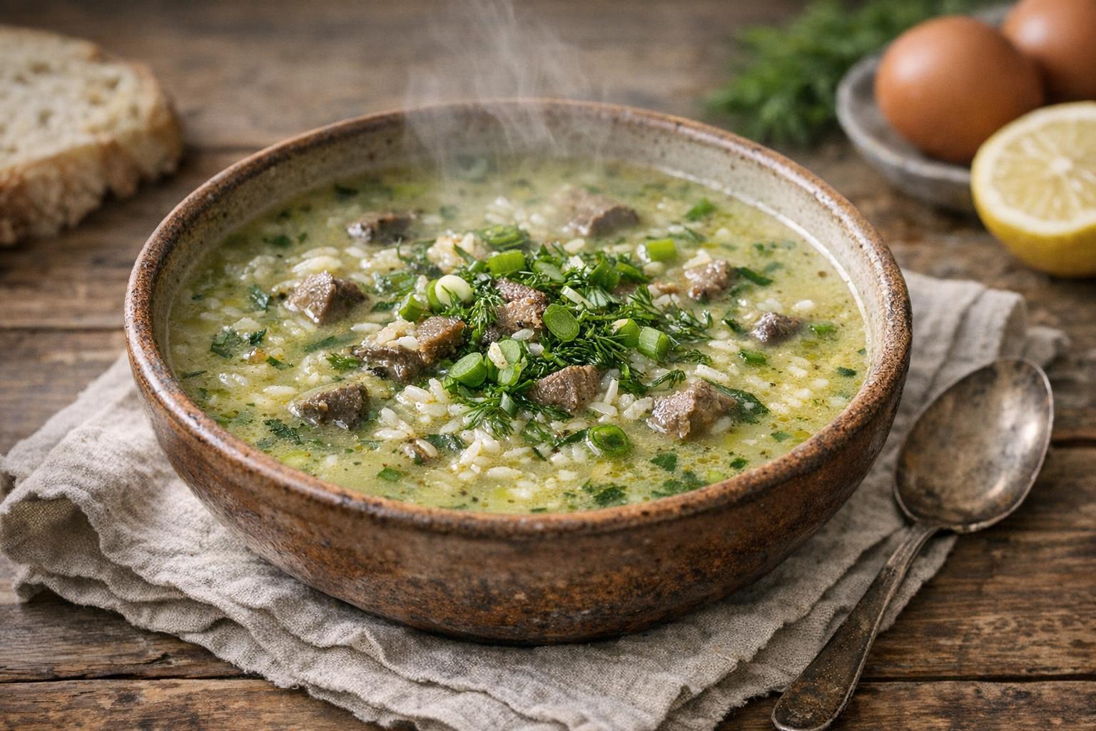 Plato de Magiritsa, sopa tradicional griega de Pascua, con avgolemono, vísceras de cordero, arroz y hierbas frescas.