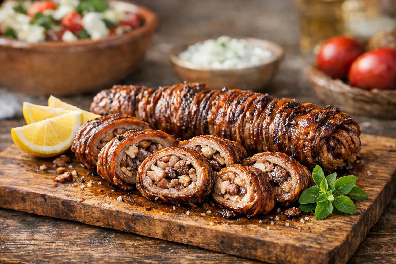 Rodajas de Kokoretsi tradicional griego asado, servido con limón y orégano en una tabla de madera.