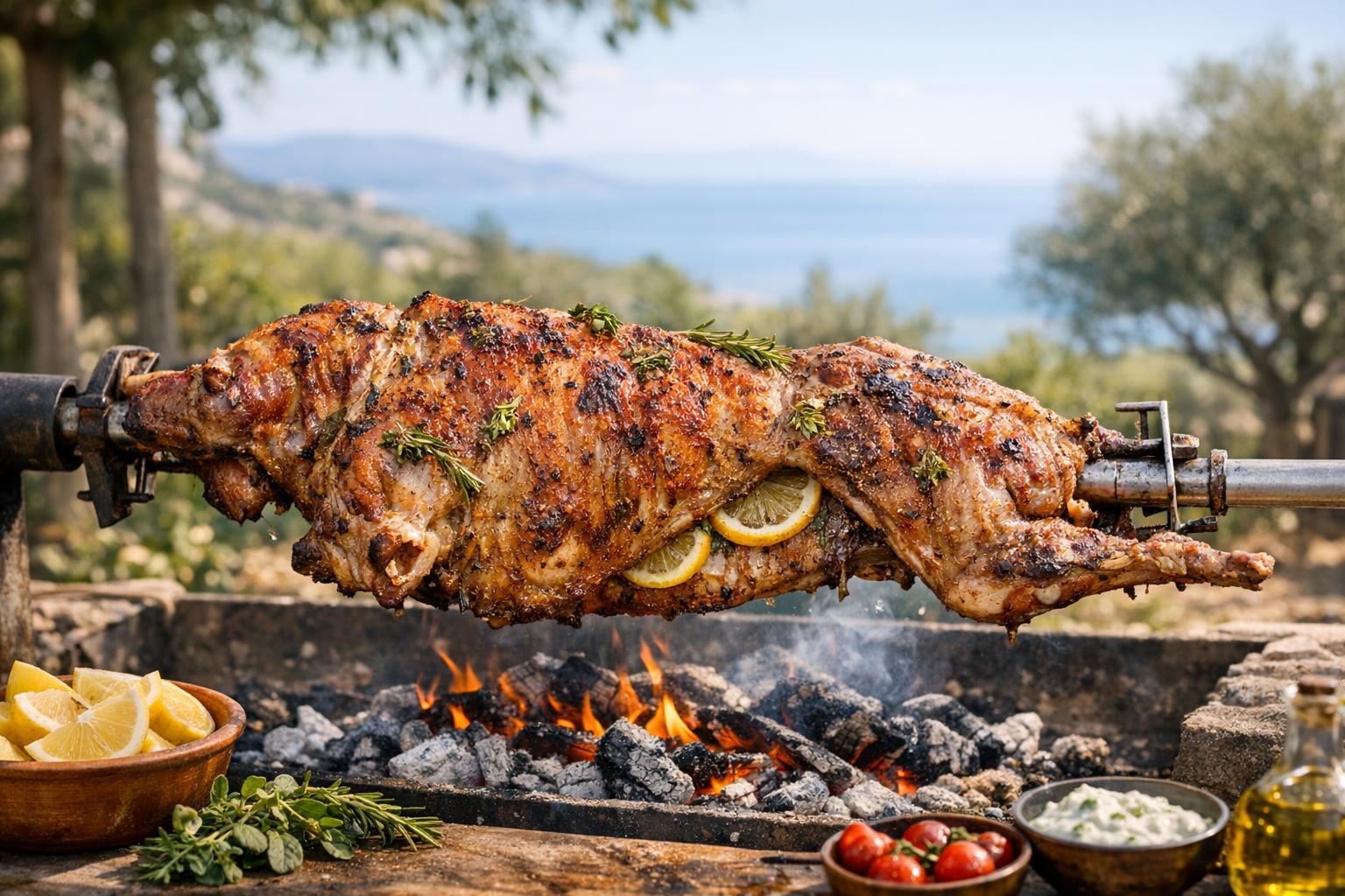 Cordero entero asado al espeto, con piel dorada y crujiente, sobre brasas, adornado con hierbas y limón, listo para la celebración de Pascua griega.