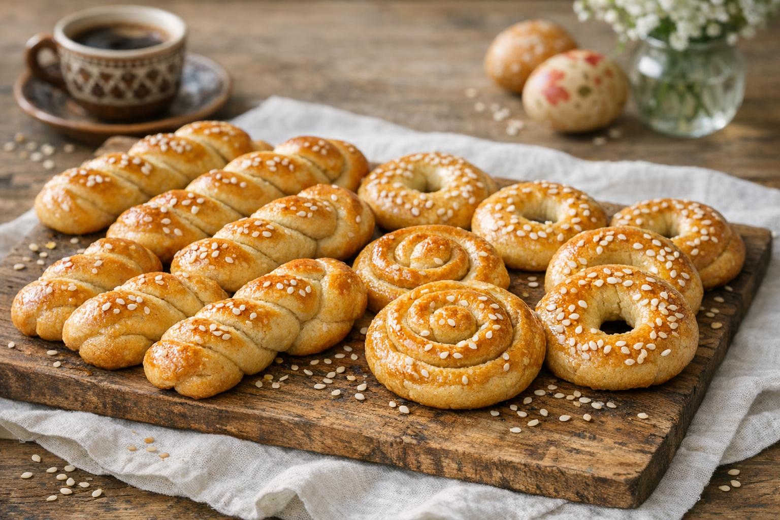 Koulouria, panecillos dulces tradicionales griegos de Pascua, con formas trenzadas y en espiral, sobre una tabla de madera.