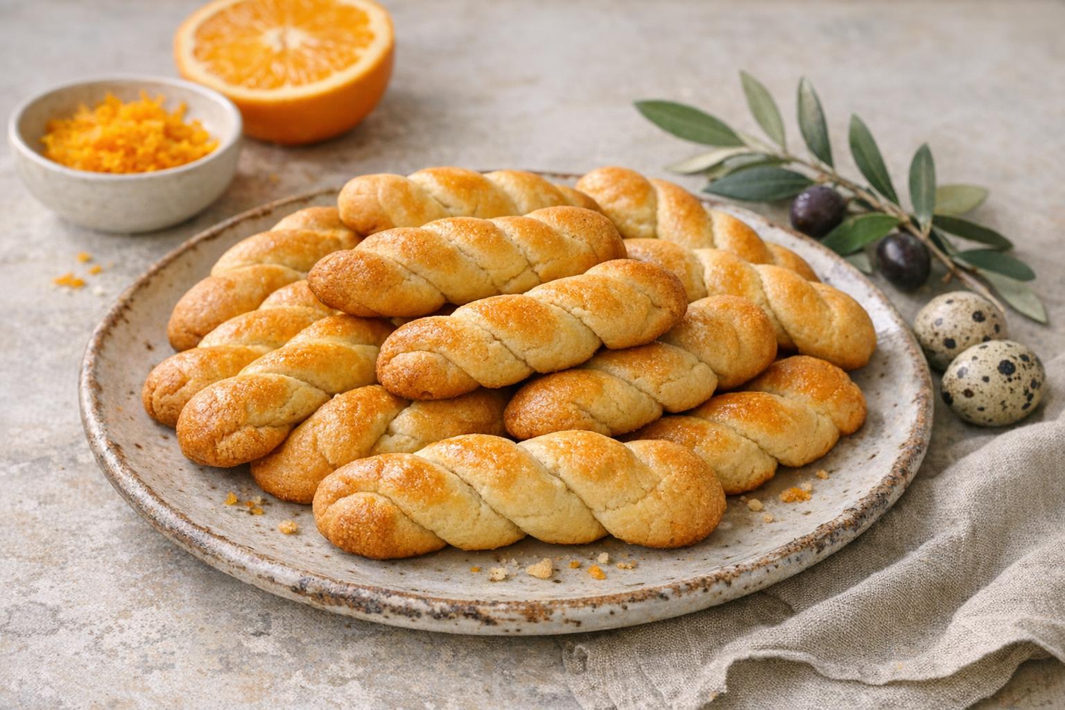 Galletas Koulourakia tradicionales griegas para Pascua, con forma retorcida y color dorado, sobre un plato rústico.