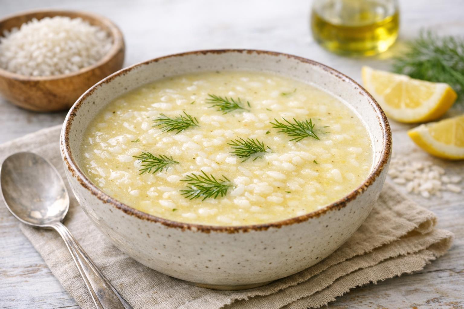Un tazón de sopa Avgolemono tradicional griega, cremosa y de color amarillo pálido, con arroz y decorada con eneldo fresco, lista para servir en una mesa de Pascua.