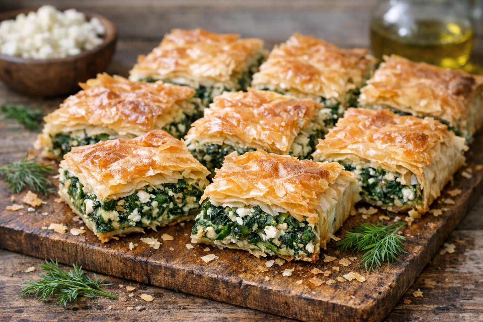 Spanakopita recién horneada, con su masa filo dorada y crujiente, rellena de espinacas y queso feta, presentada sobre una tabla de madera.