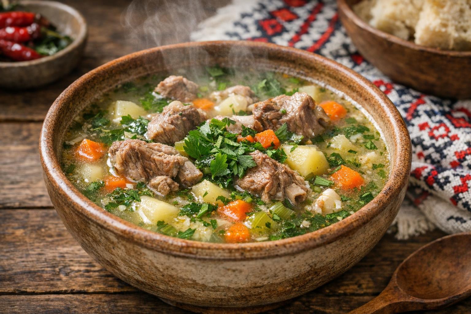 Un tazón humeante de Borș de miel, una sopa tradicional rumana de cordero agria, con trozos de carne, verduras y hierbas frescas, servido en un ambiente rústico.