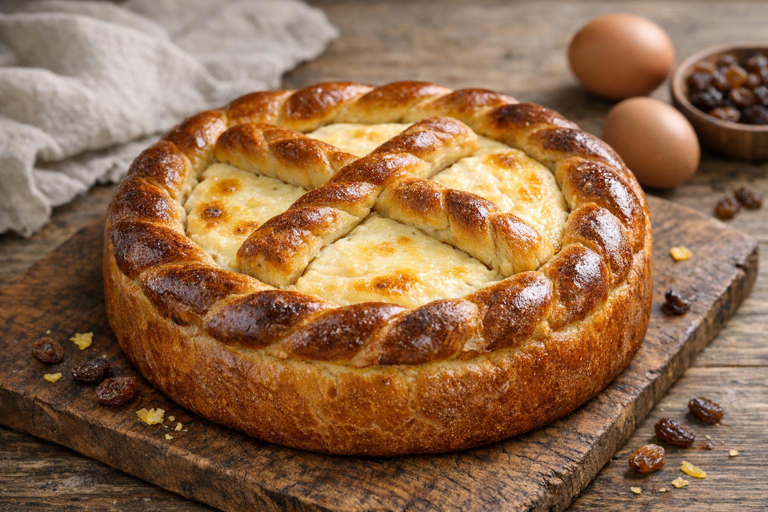 Pască rumana recién horneada, un pan dulce de queso tradicional de Pascua, con una cruz de masa decorativa en la parte superior, sobre una tabla de madera rústica.