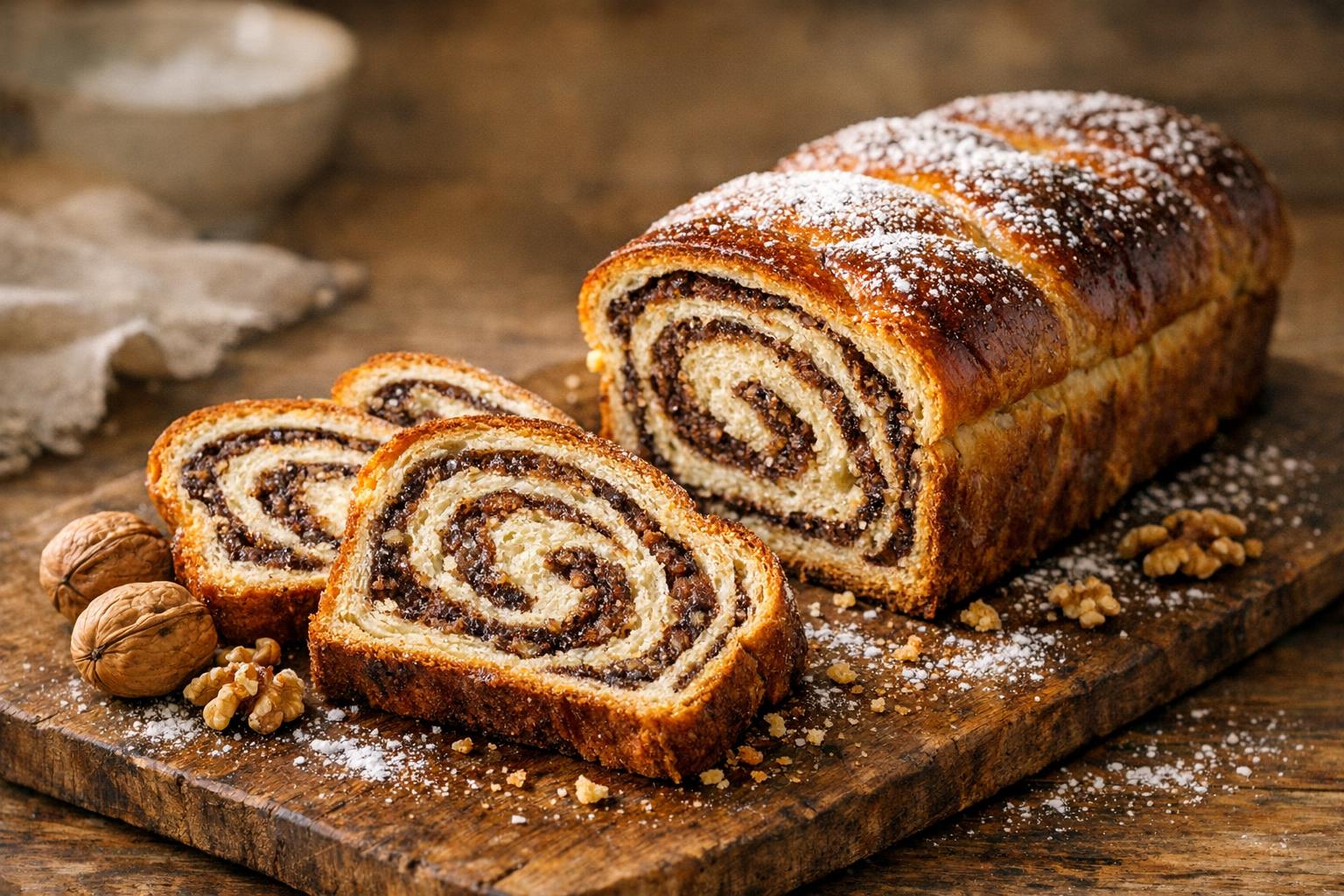 Cozonac rumano recién horneado, un pan dulce tradicional de Pascua, con relleno de nueces y cacao, cortado en rebanadas sobre una tabla de madera.