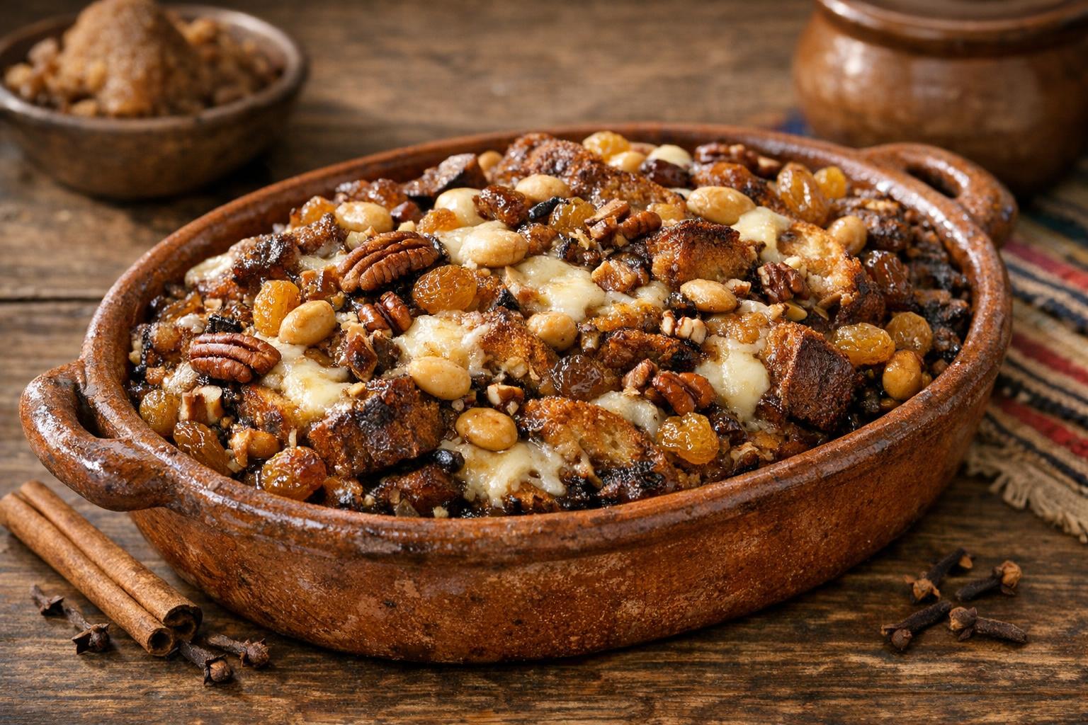 Capirotada tradicional mexicana en un refractario de barro, mostrando capas de pan, queso, pasas y cacahuates bañados en miel de piloncillo.