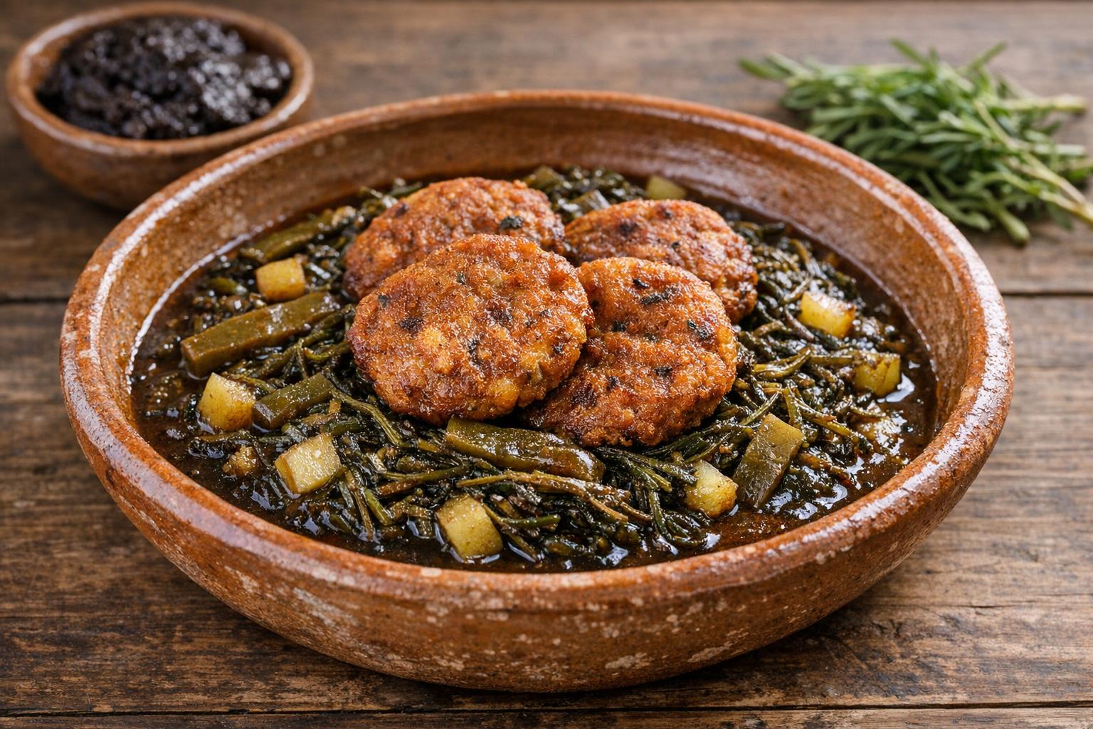 Plato tradicional mexicano de romeritos con tortitas de camarón en salsa de mole, servido en un cuenco rústico.