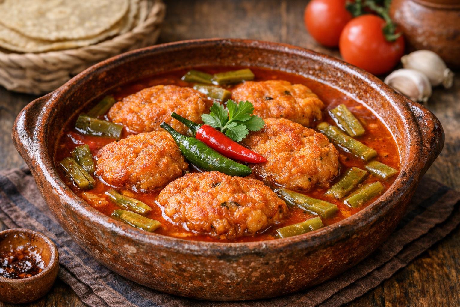 Tortitas de camarón en caldillo, un plato tradicional mexicano de Cuaresma con tortitas de camarón seco en salsa de chile guajillo y nopales.