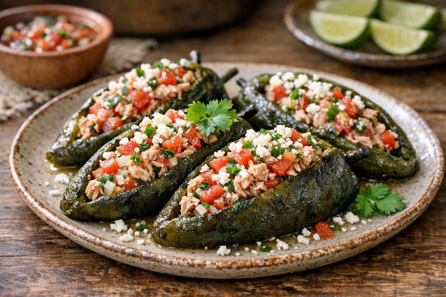 Plato de chiles cuaresmeños rellenos de atún, con el relleno de atún, tomate y cilantro visible, servidos en un plato rústico.