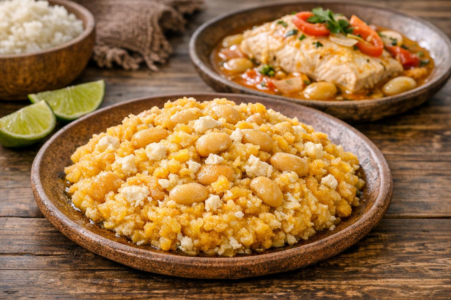 Plato de Malarrabia peruana, un puré rústico de plátano maduro con queso fresco y frijoles, servido en un plato de cerámica.